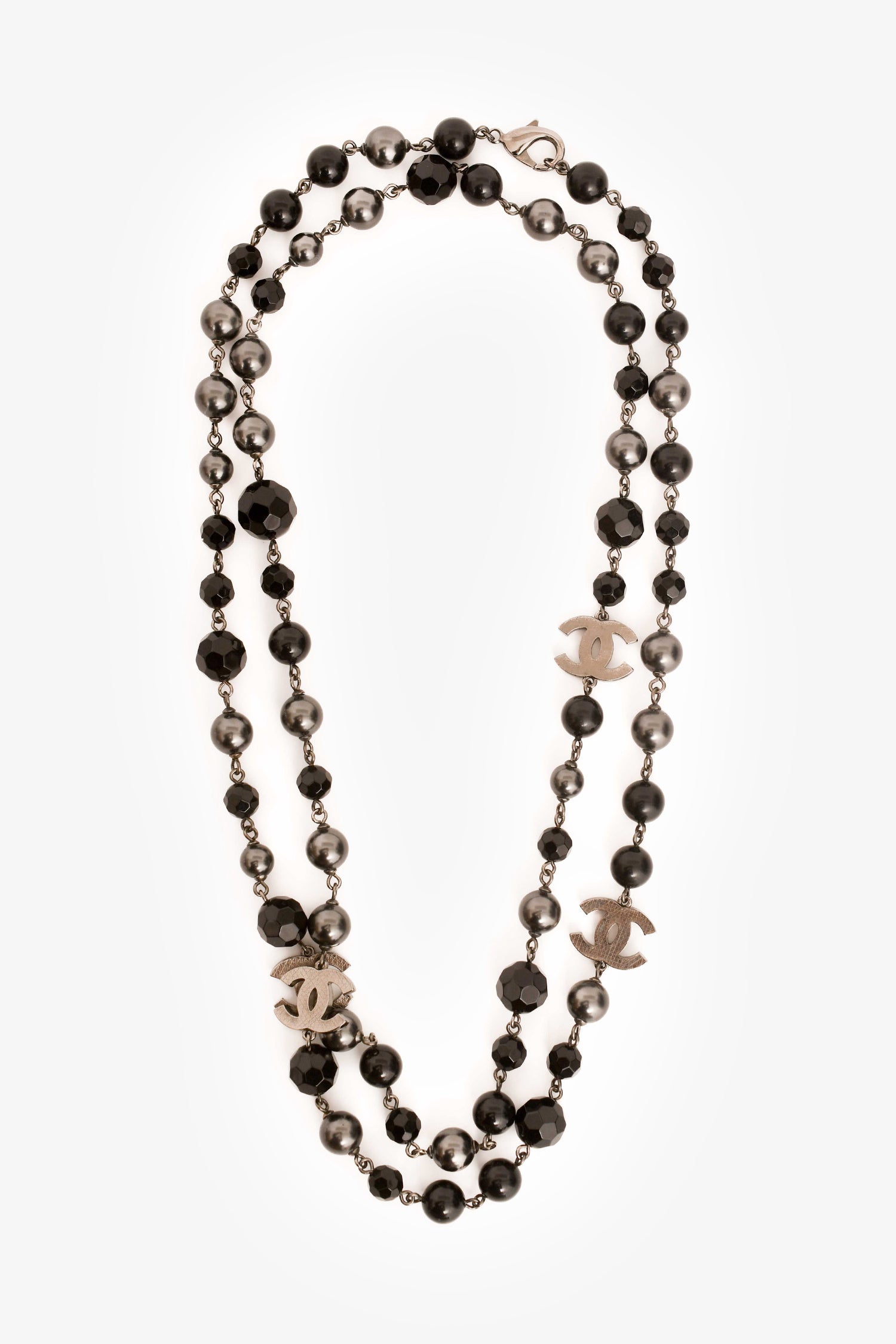 Chanel™ 2015 Black/Grey Faux Pearl CC Station Necklace