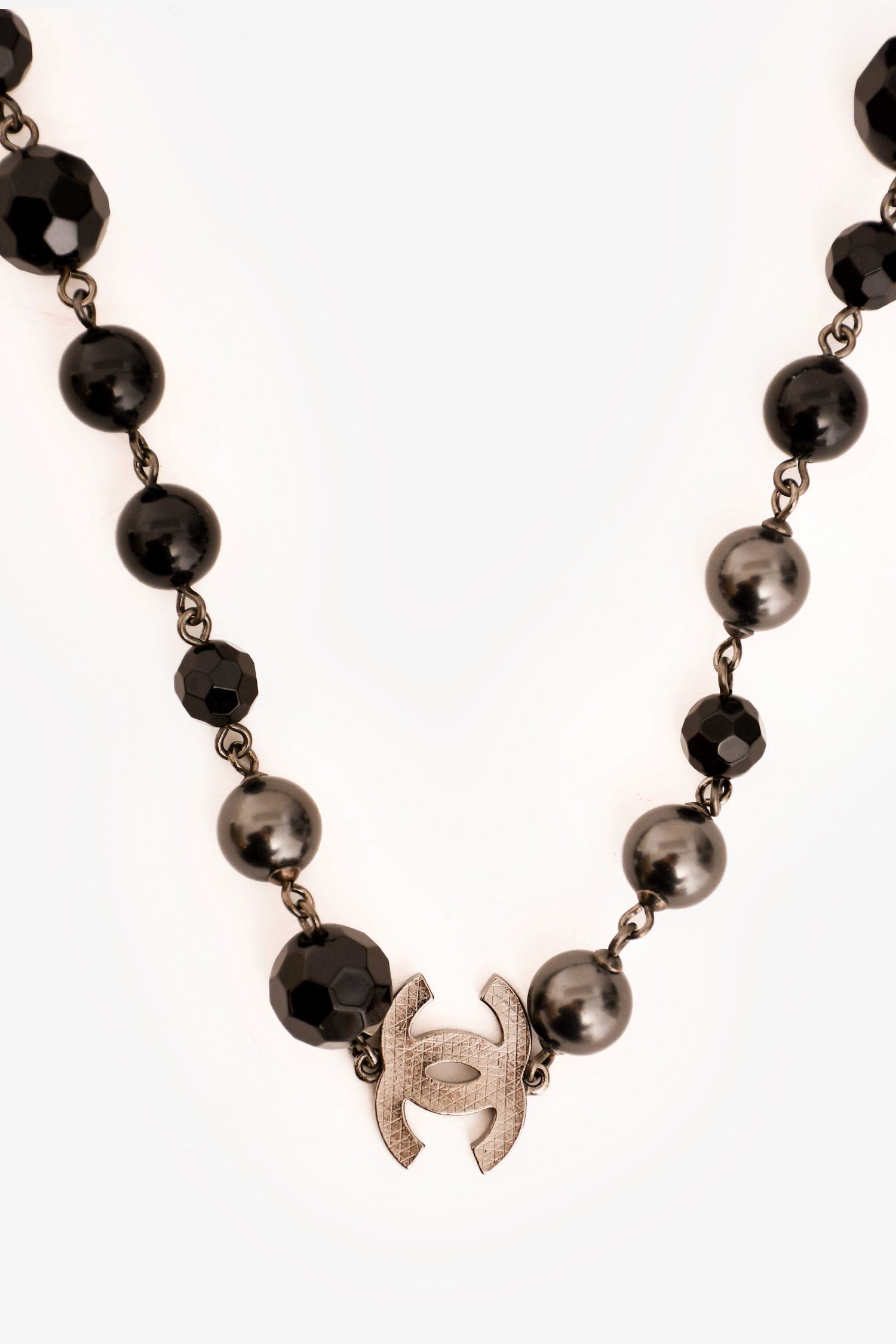 Chanel™ 2015 Black/Grey Faux Pearl CC Station Necklace