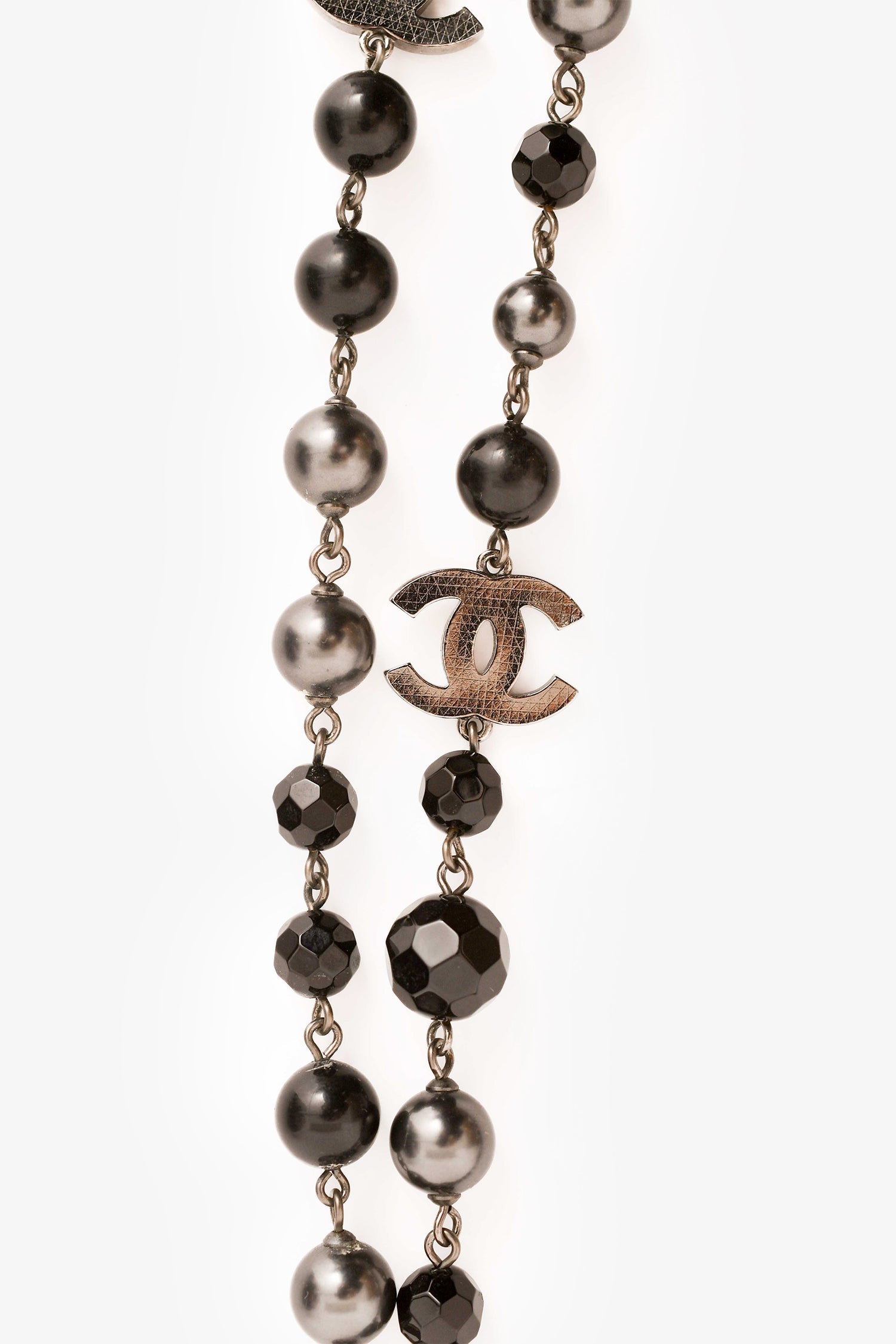 Chanel™ 2015 Black/Grey Faux Pearl CC Station Necklace