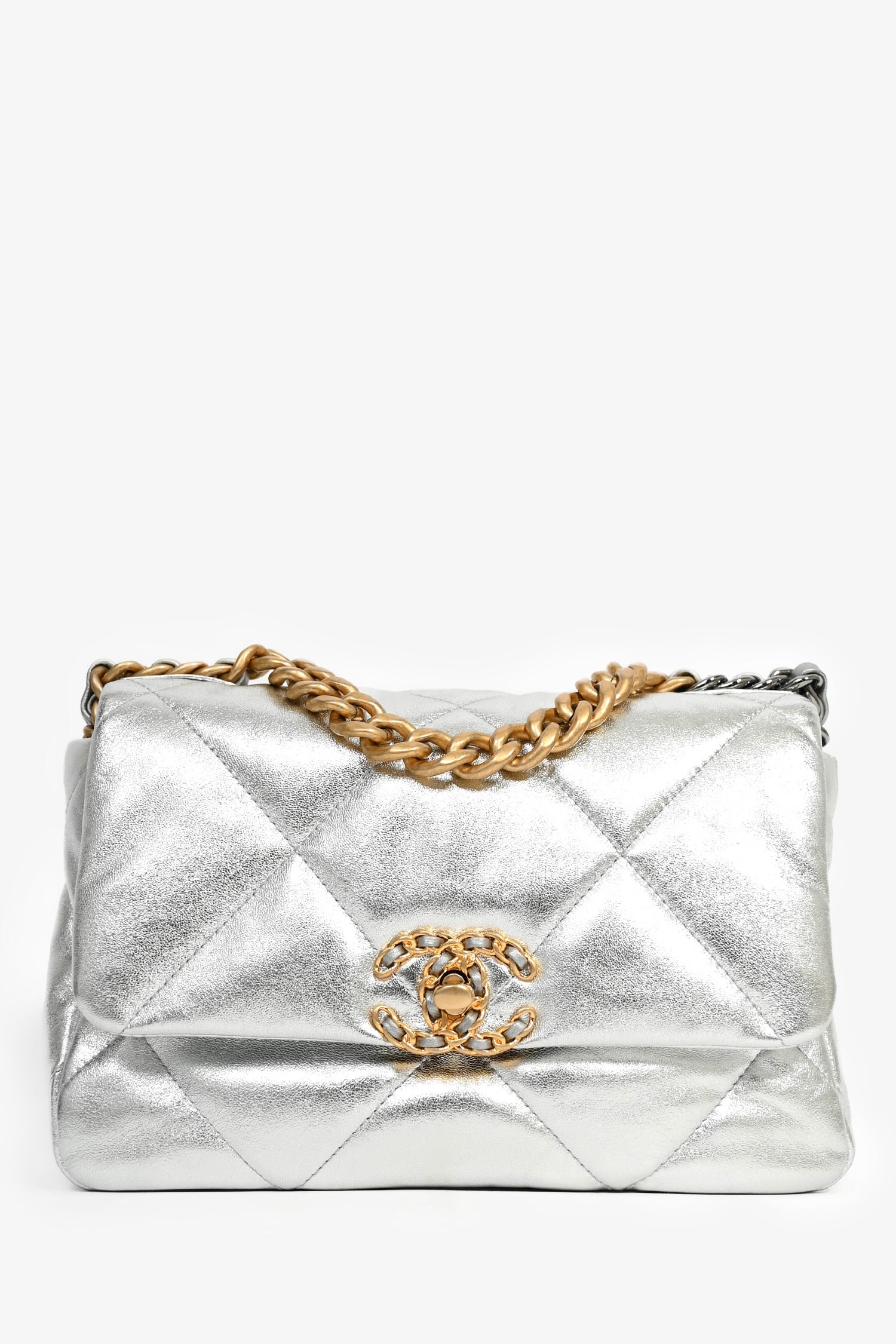Chanel™ 2020 Silver Lambskin Medium 19 Flap Bag