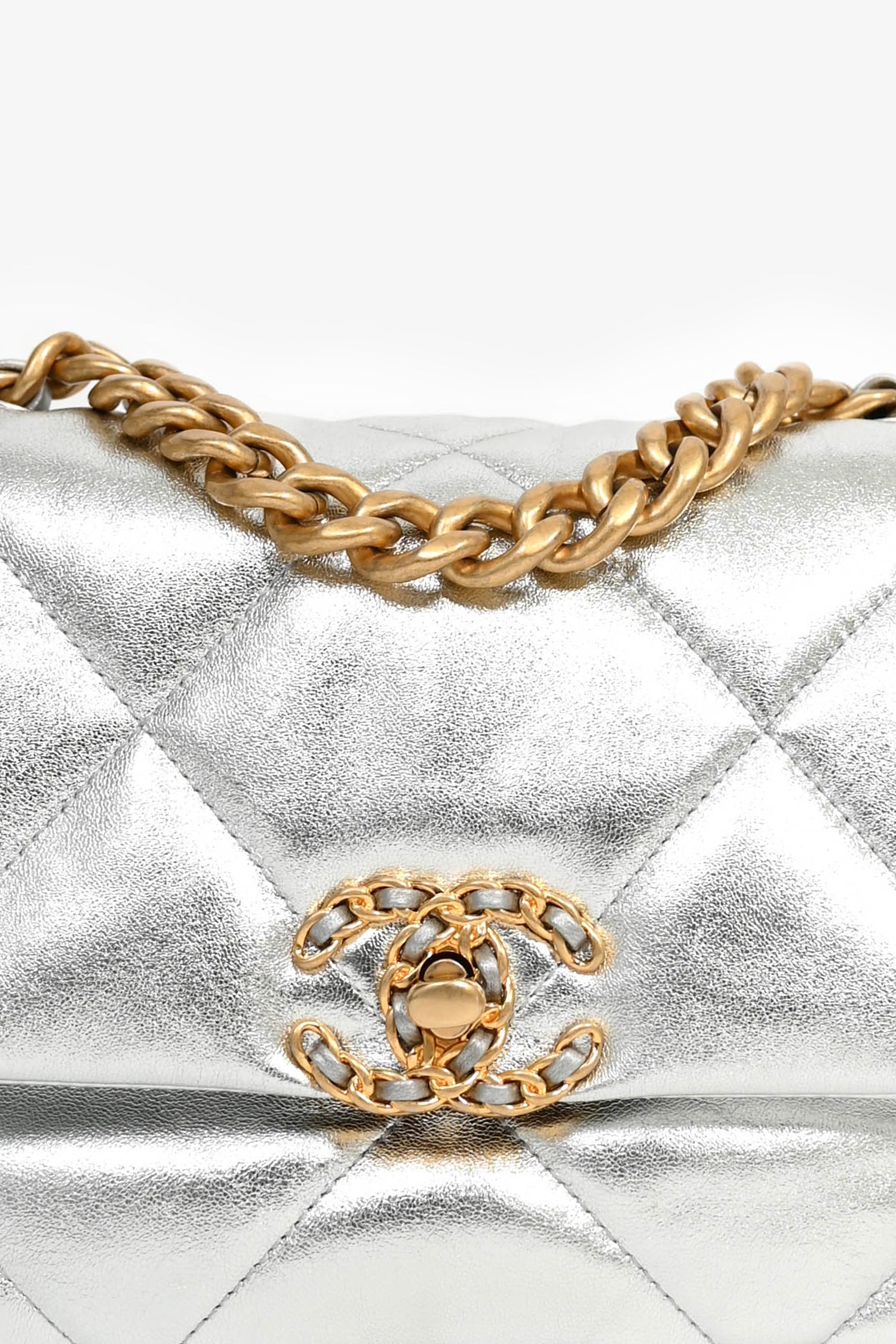 Chanel™ 2020 Silver Lambskin Medium 19 Flap Bag