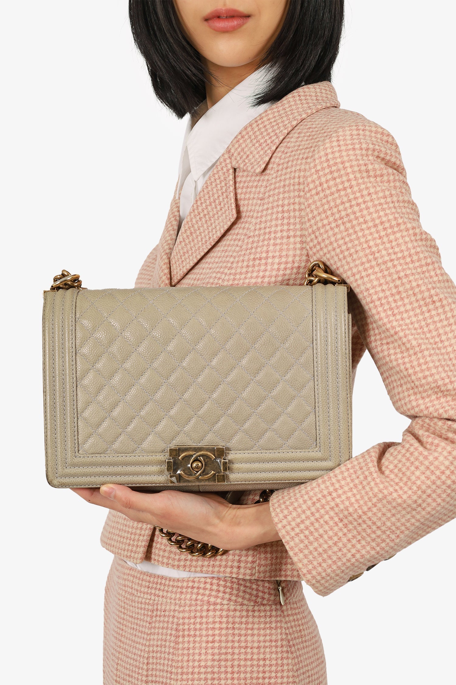 Chanel™ 2014 Taupe Caviar Quilted New Medium Boy Flap Bag (As Is)