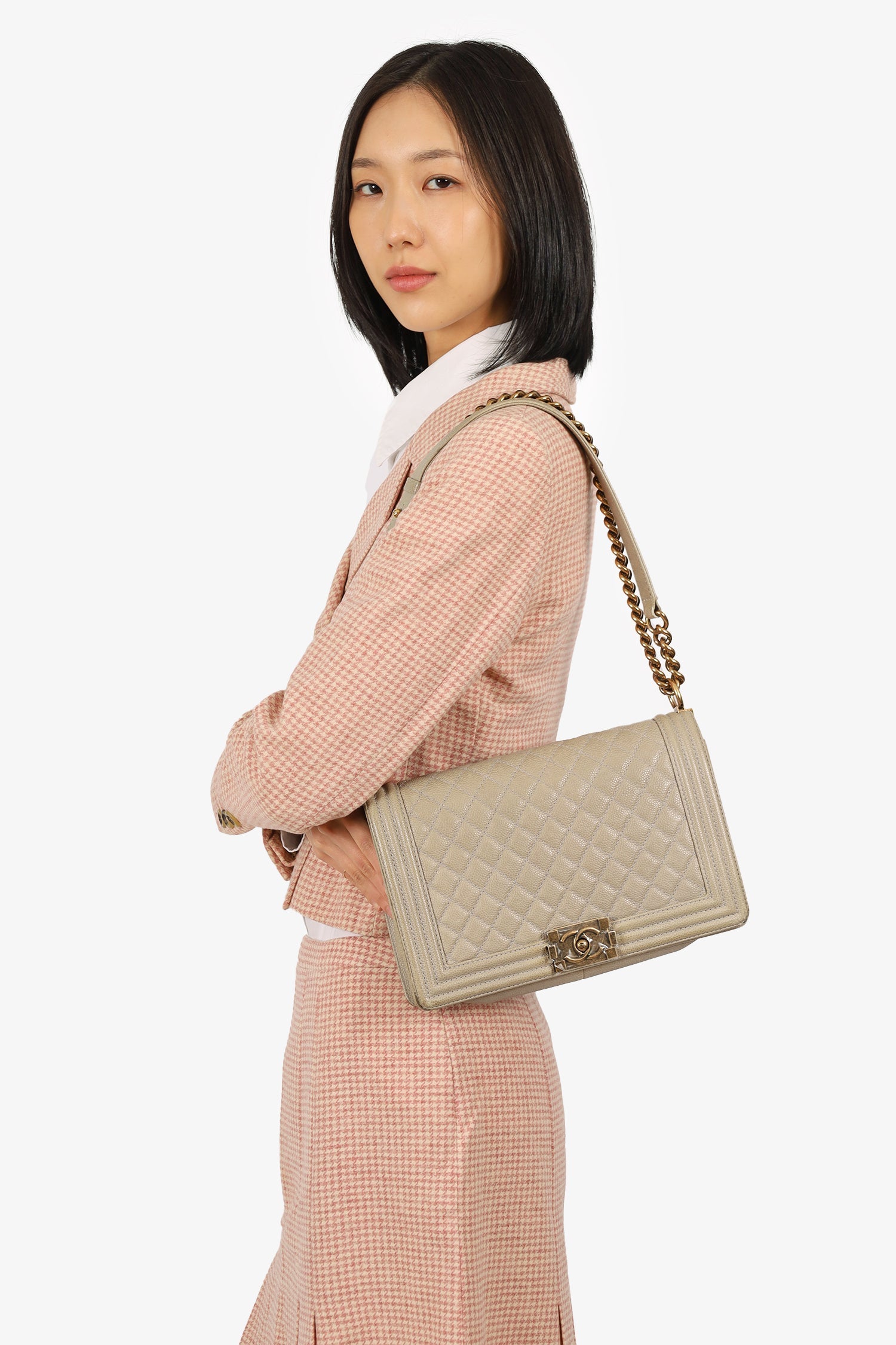 Chanel™ 2014 Taupe Caviar Quilted New Medium Boy Flap Bag (As Is)
