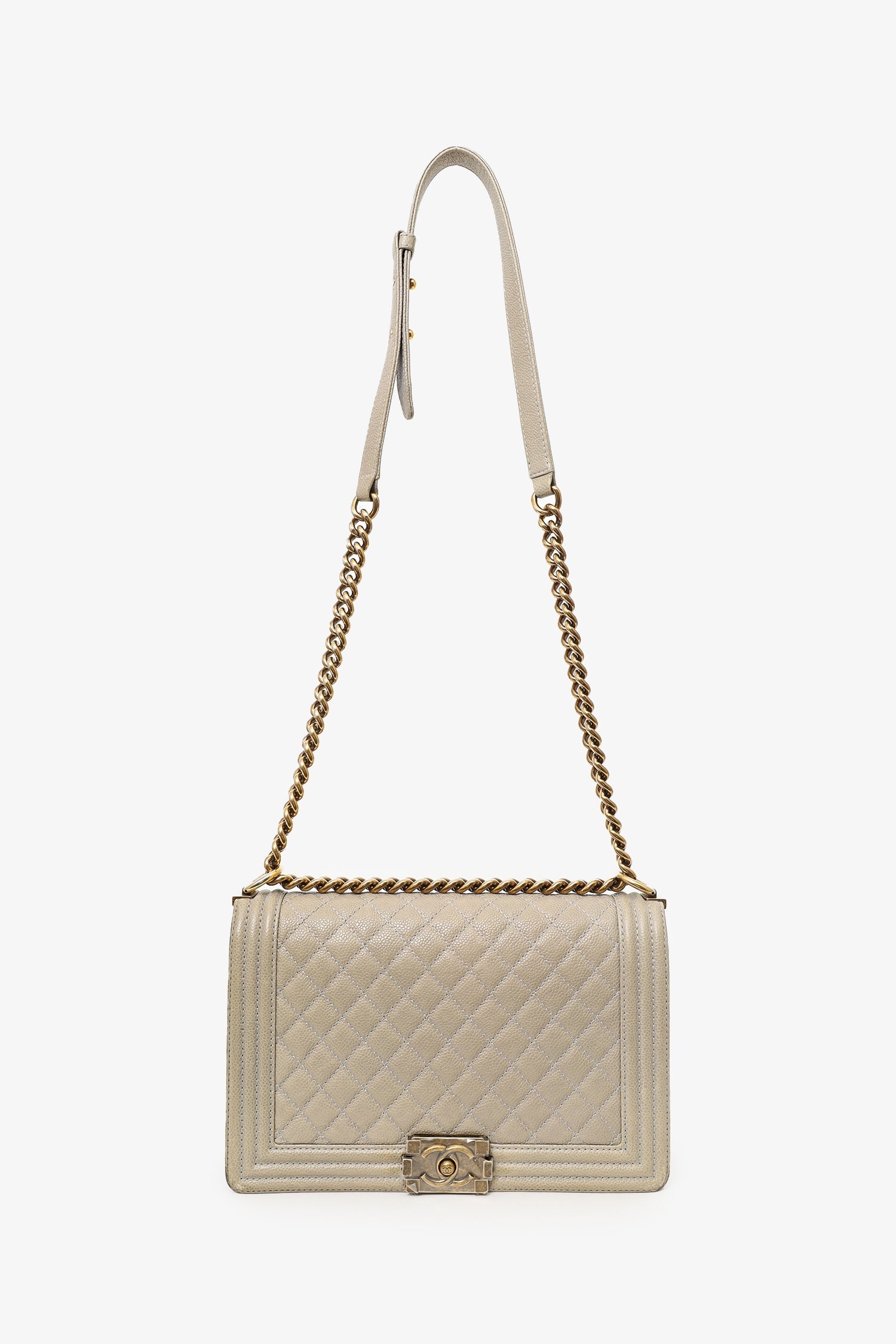 Chanel™ 2014 Taupe Caviar Quilted New Medium Boy Flap Bag (As Is)