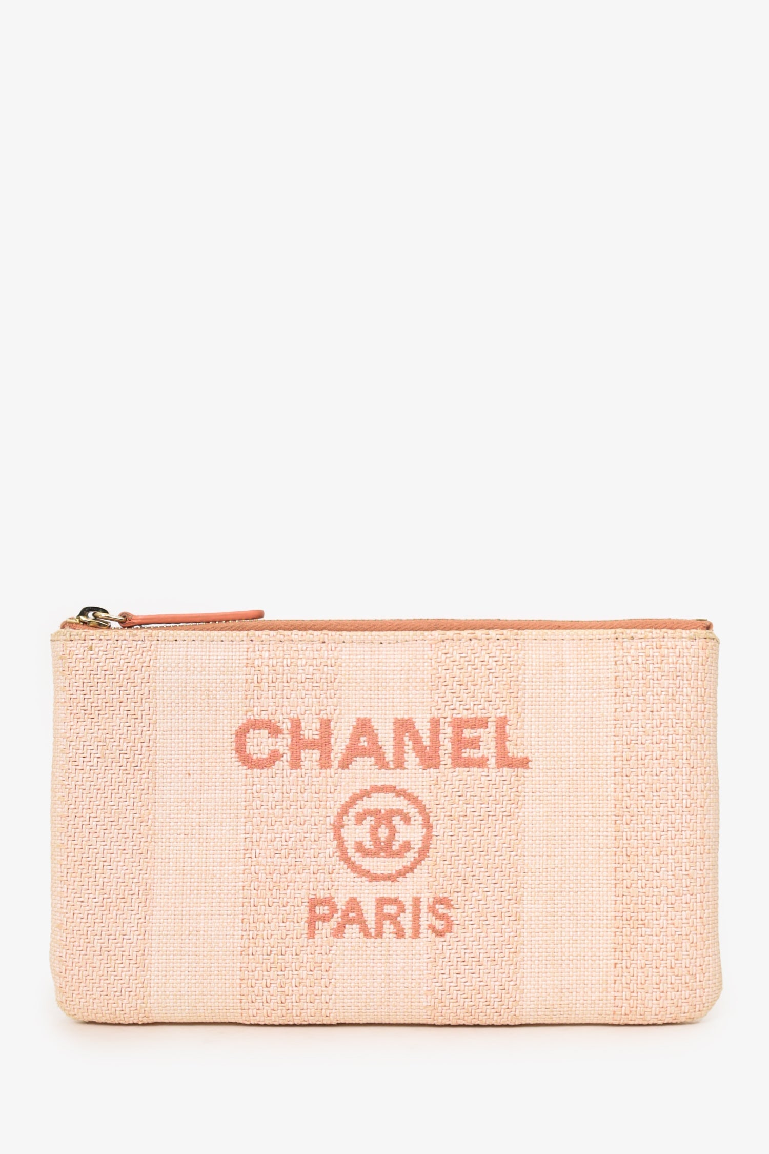 Chanel™ 2019-2020 Pink Interlocking CC Deauville Raffia O Case Mini Zip Pouch