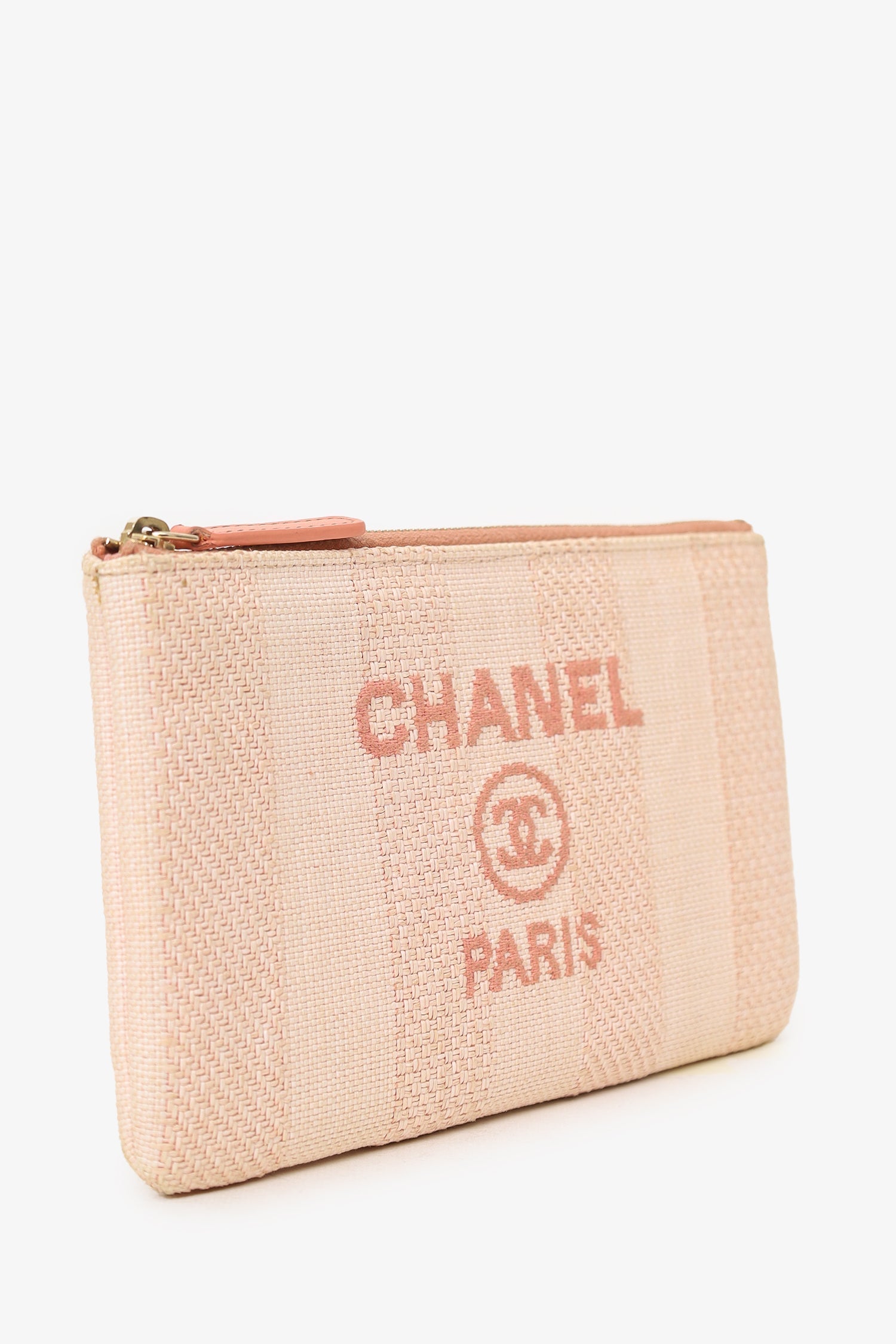 Chanel™ 2019-2020 Pink Interlocking CC Deauville Raffia O Case Mini Zip Pouch