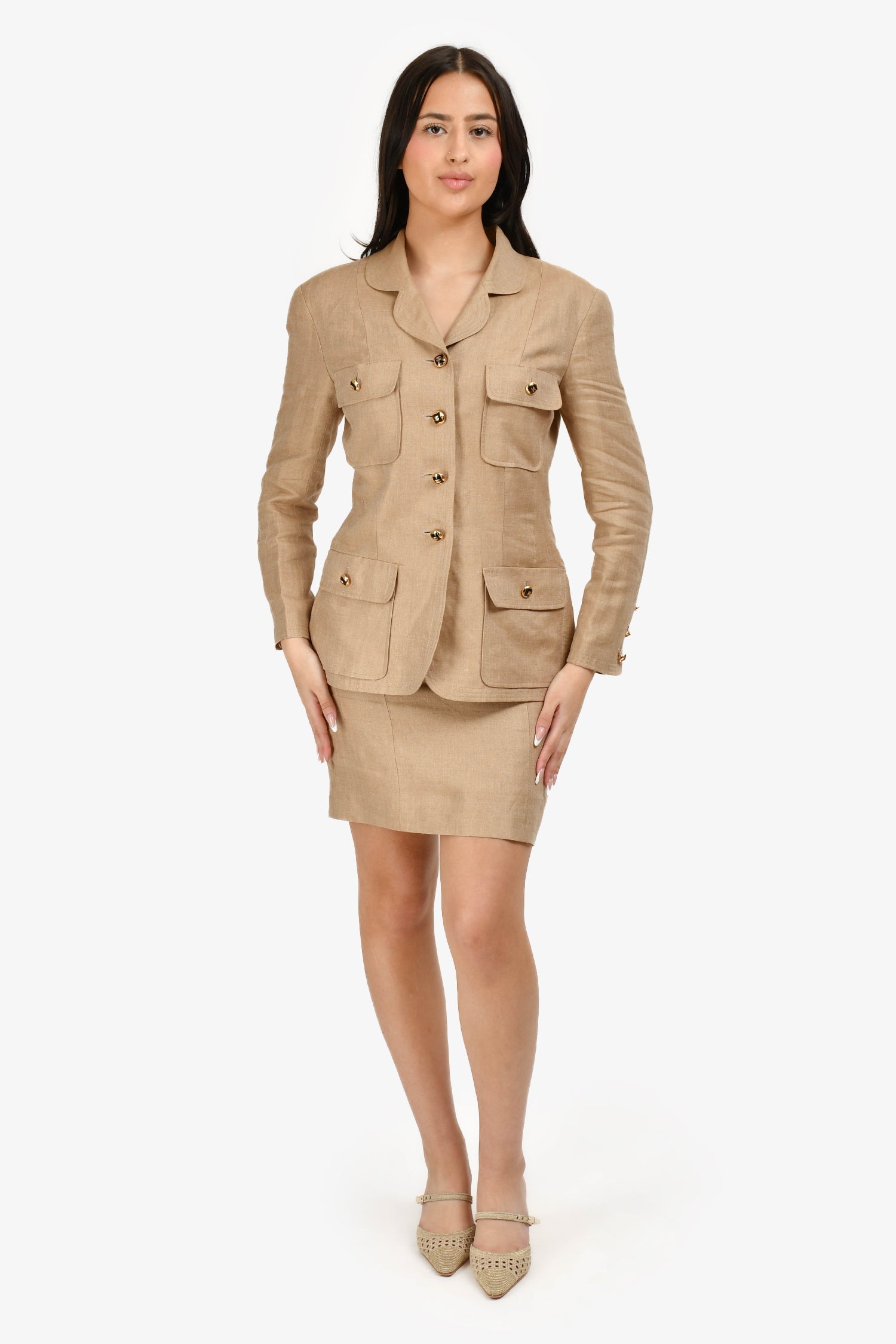 Chanel™ Cruise Collection 1992 Beige Linen CC Button Skirt Suit Size 40