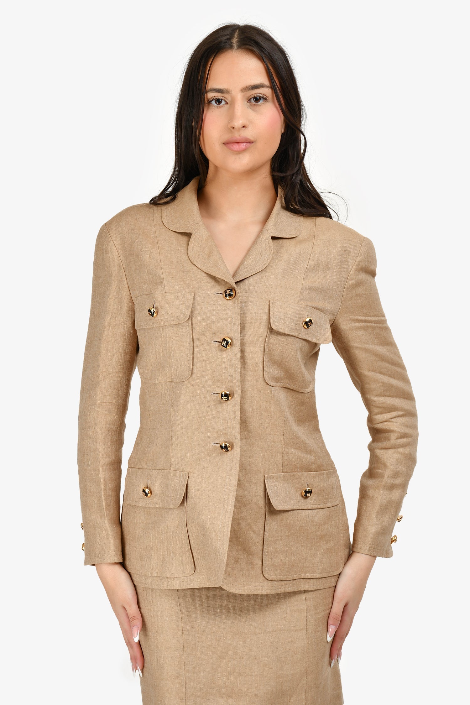 Chanel™ Cruise Collection 1992 Beige Linen CC Button Skirt Suit Size 40