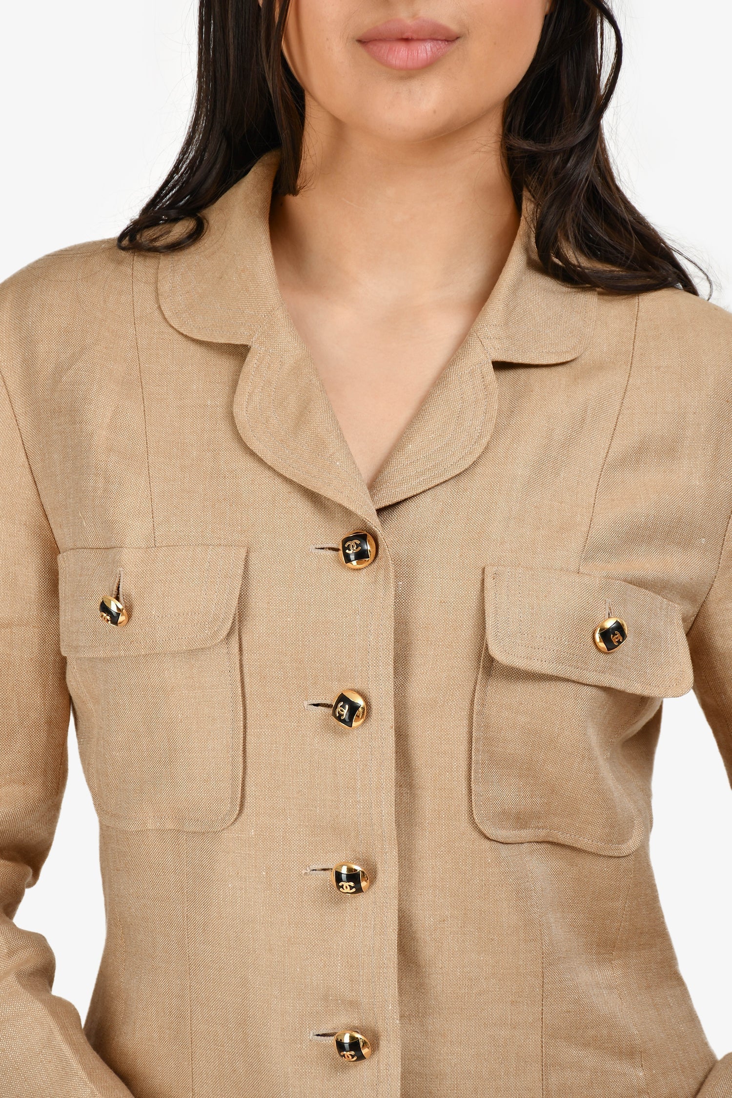 Chanel™ Cruise Collection 1992 Beige Linen CC Button Skirt Suit Size 40