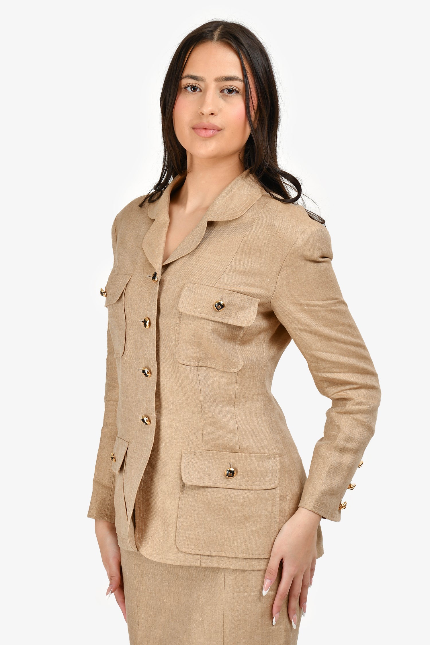 Chanel™ Cruise Collection 1992 Beige Linen CC Button Skirt Suit Size 40