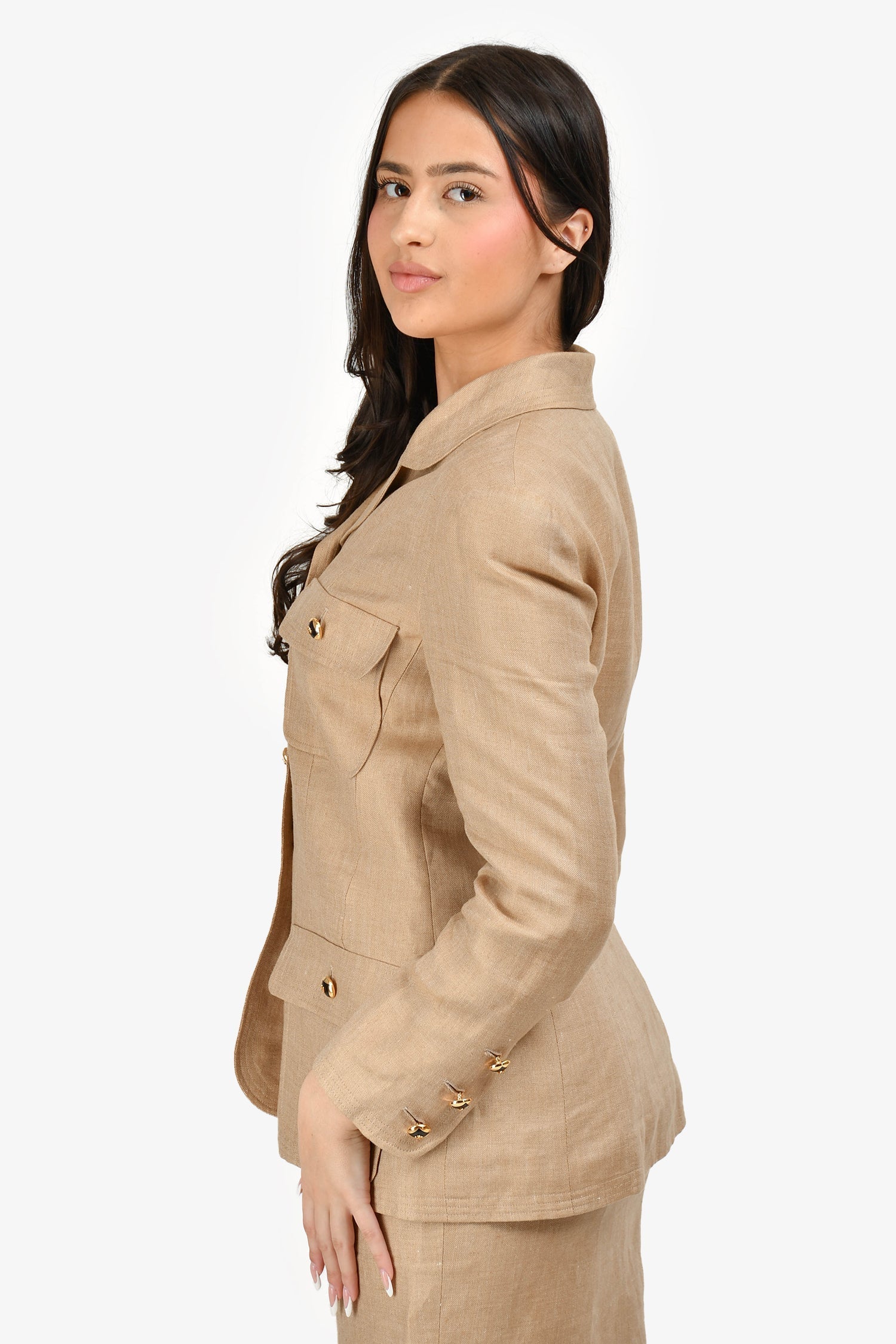 Chanel™ Cruise Collection 1992 Beige Linen CC Button Skirt Suit Size 40