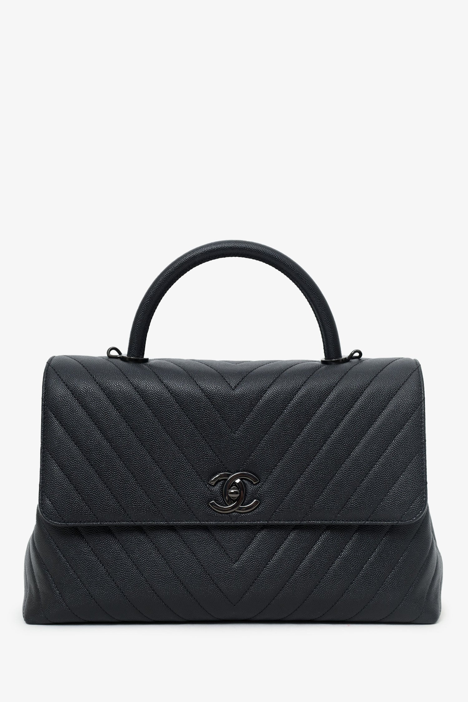 Chanel™ 2019-20 So Black Caviar Chevron Large Coco Handle with Strap