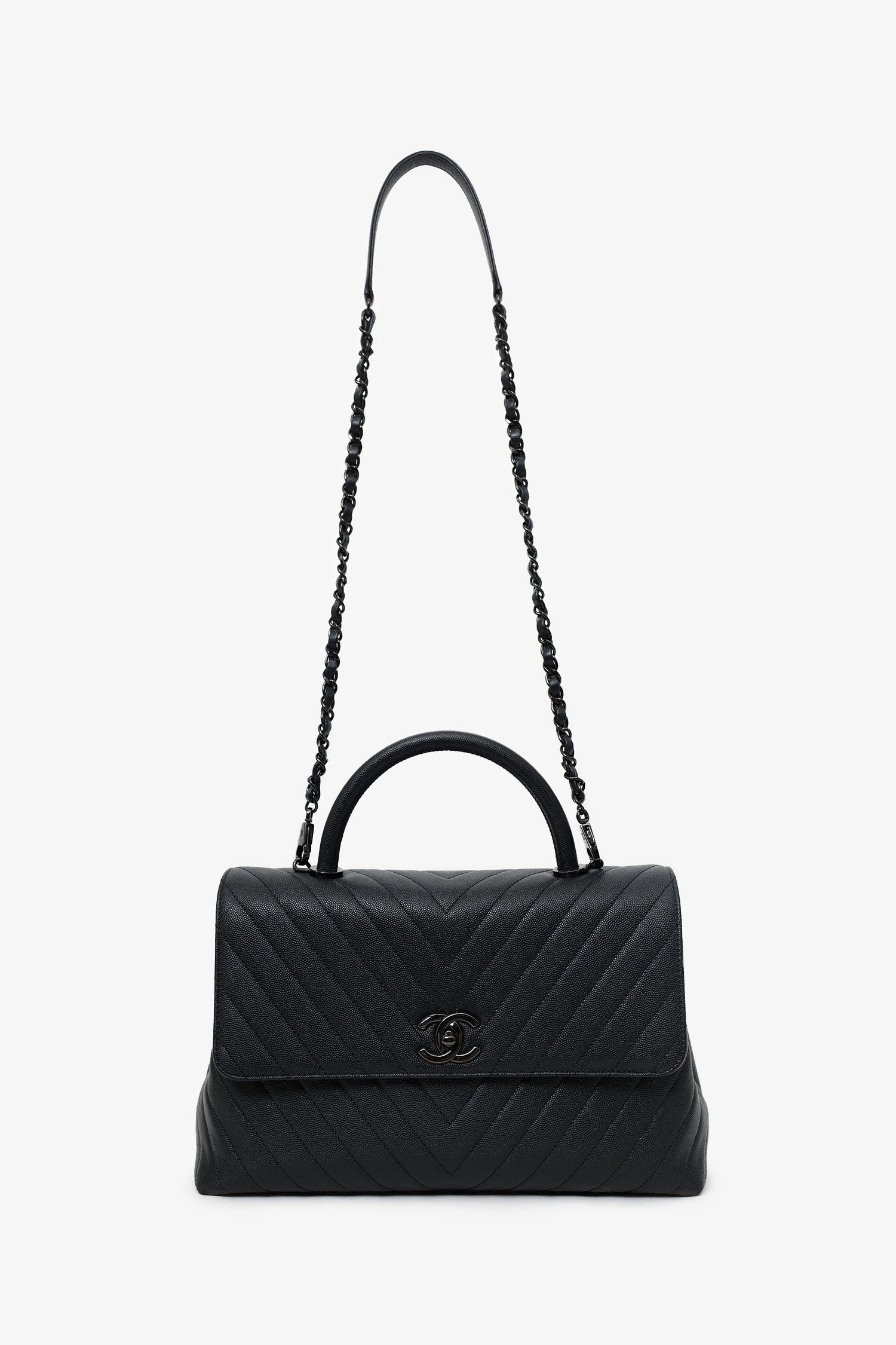 Chanel™ 2019-20 So Black Caviar Chevron Large Coco Handle with Strap