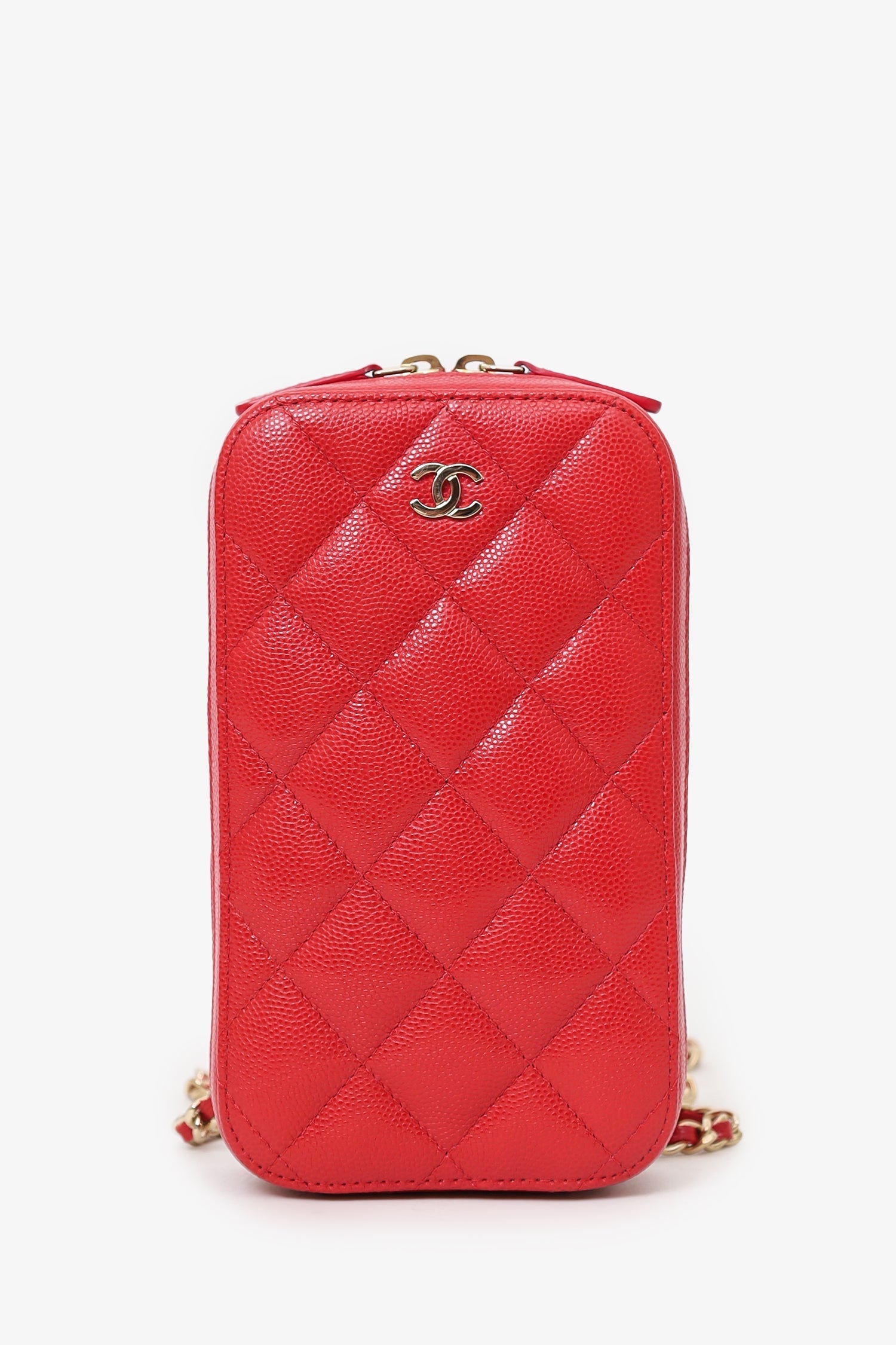 Chanel™ 2019 Red Caviar Vertical ZIP Around Phone Chain Bag