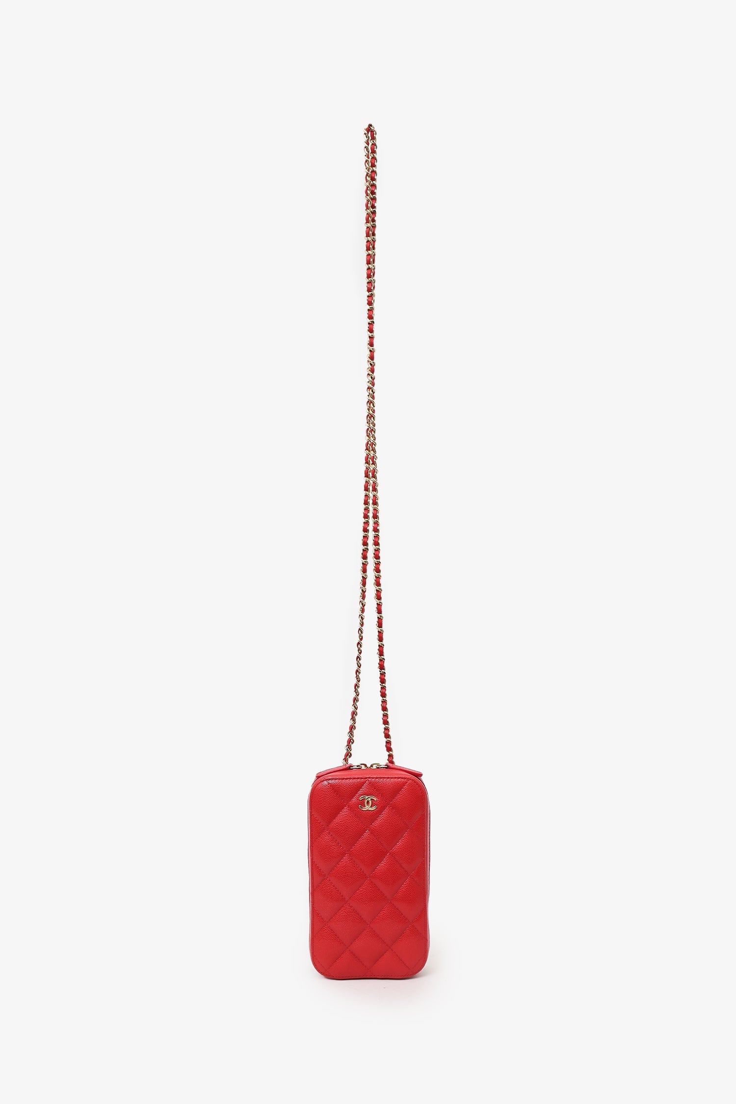 Chanel™ 2019 Red Caviar Vertical ZIP Around Phone Chain Bag