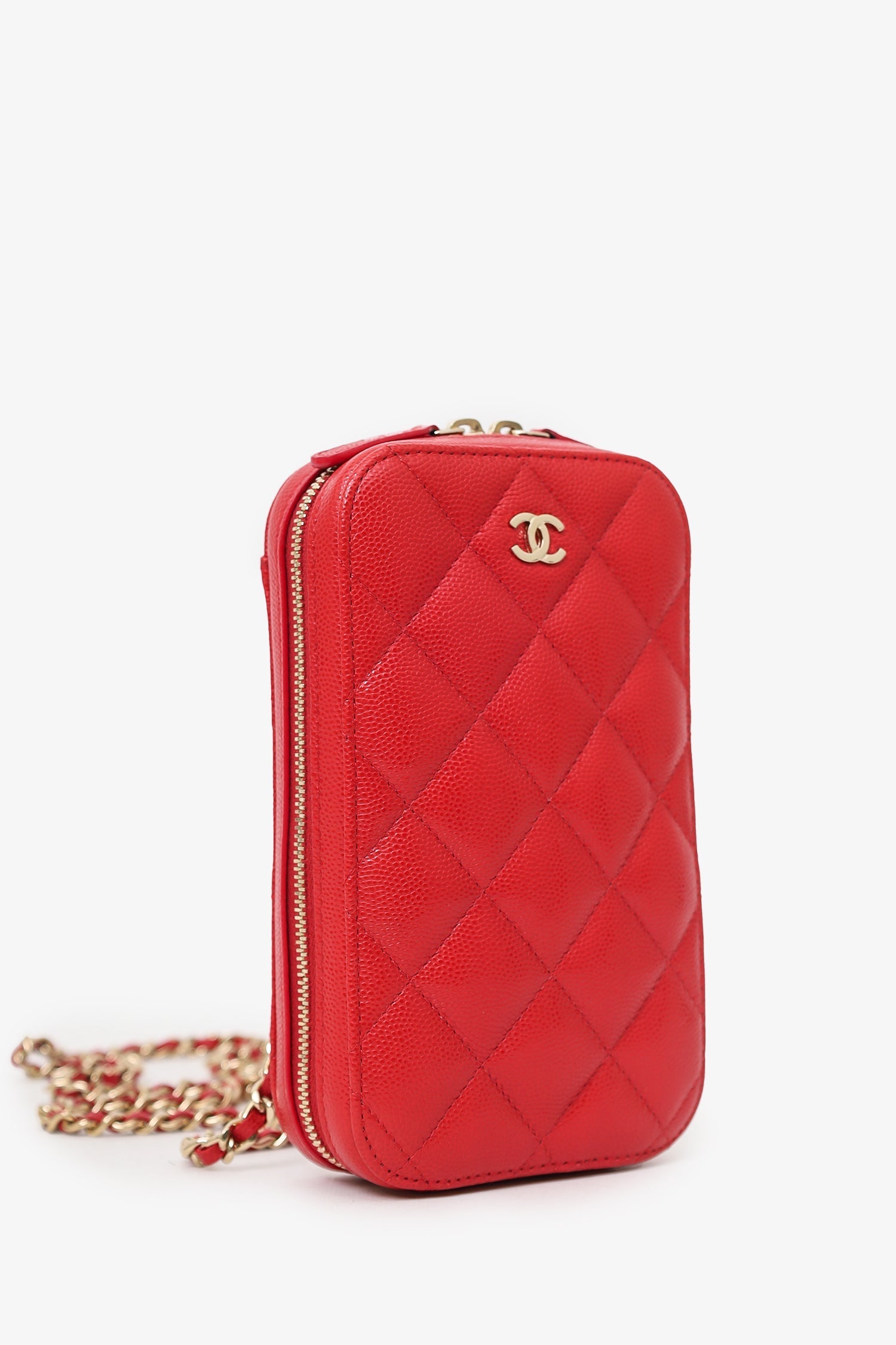 Chanel™ 2019 Red Caviar Vertical ZIP Around Phone Chain Bag