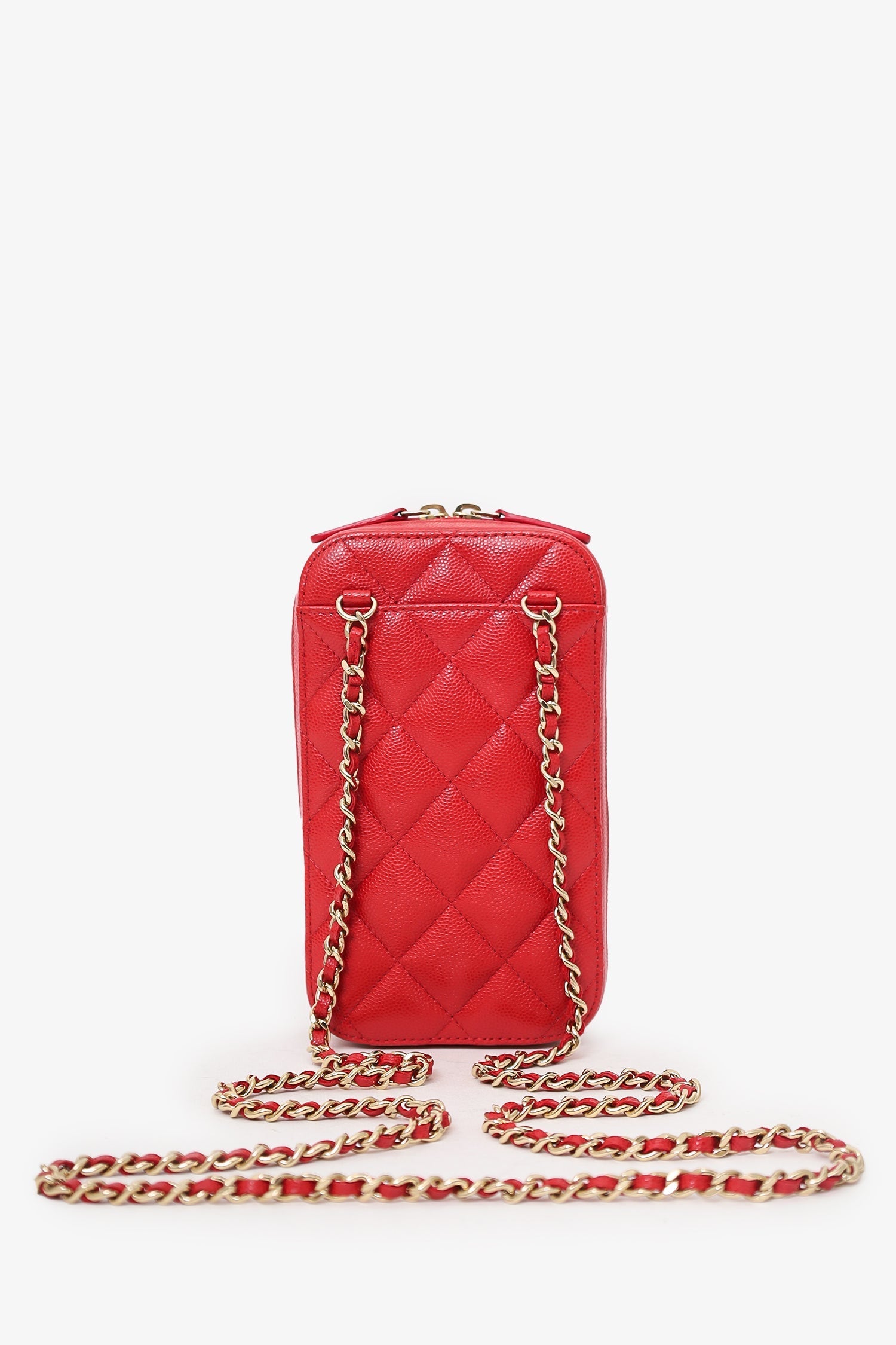 Chanel™ 2019 Red Caviar Vertical ZIP Around Phone Chain Bag