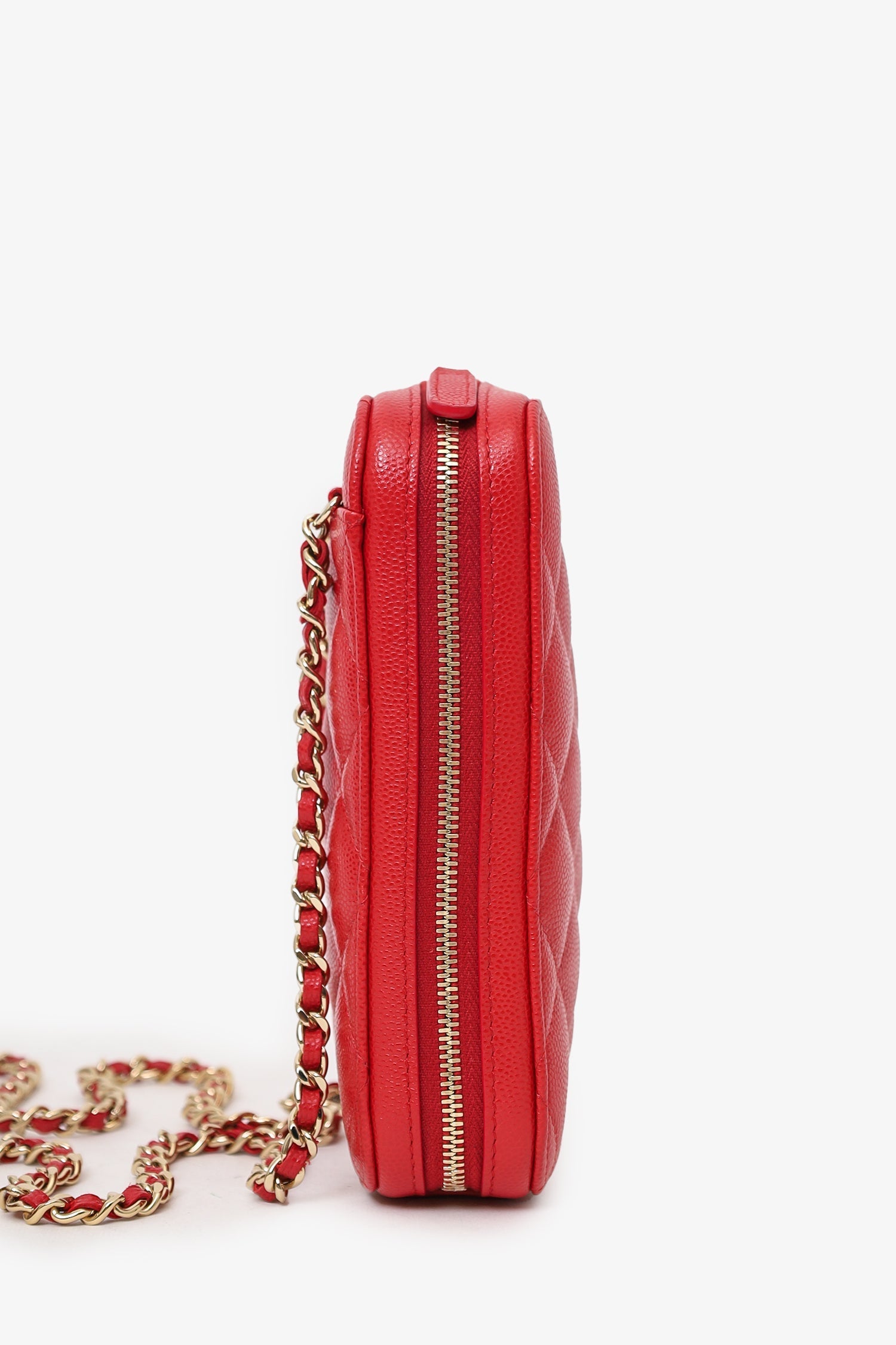 Chanel™ 2019 Red Caviar Vertical ZIP Around Phone Chain Bag