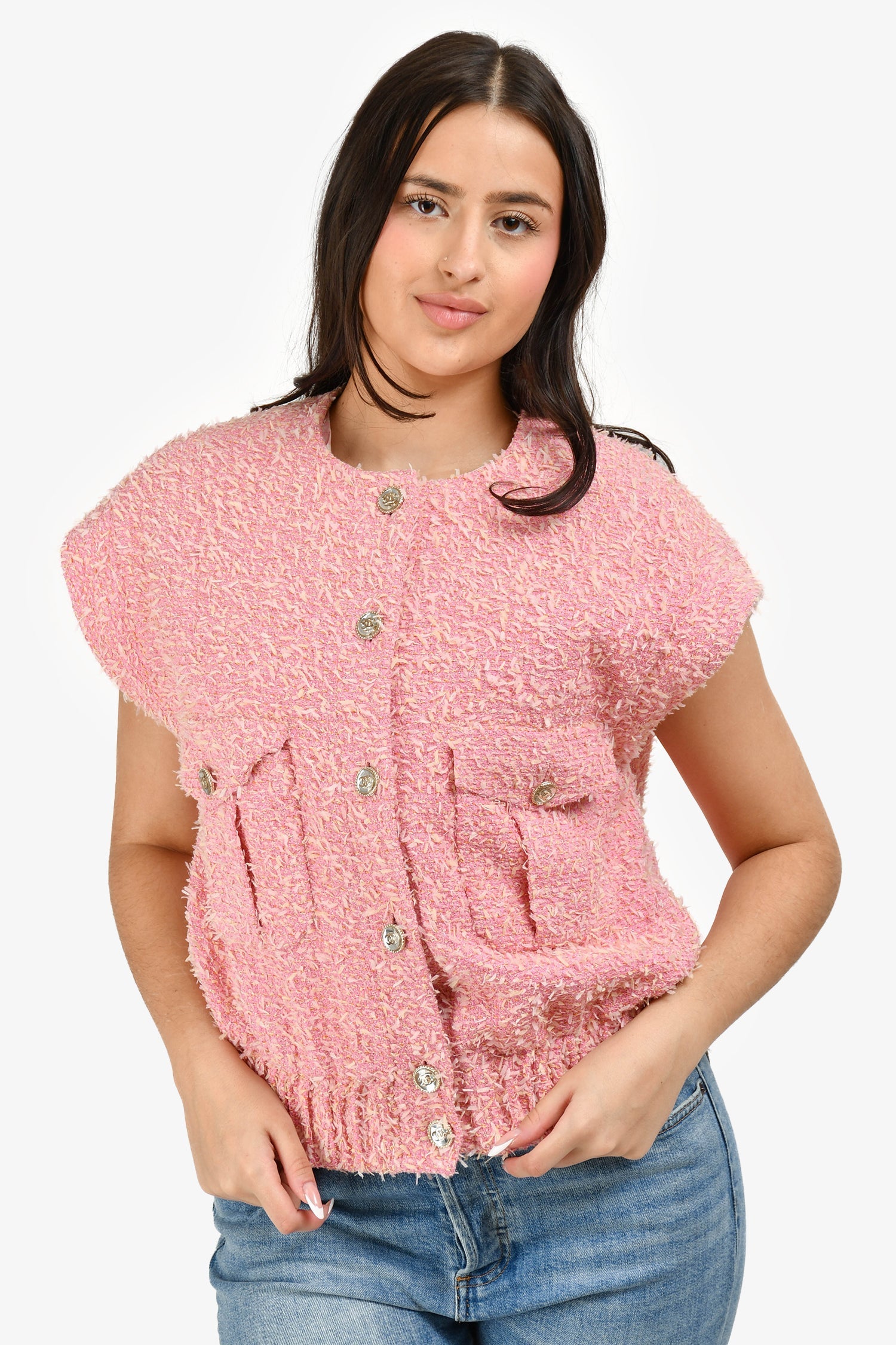 Chanel™ Short Sleeve Runway 2021 Pink Fantasy Tweed Vest Size 38