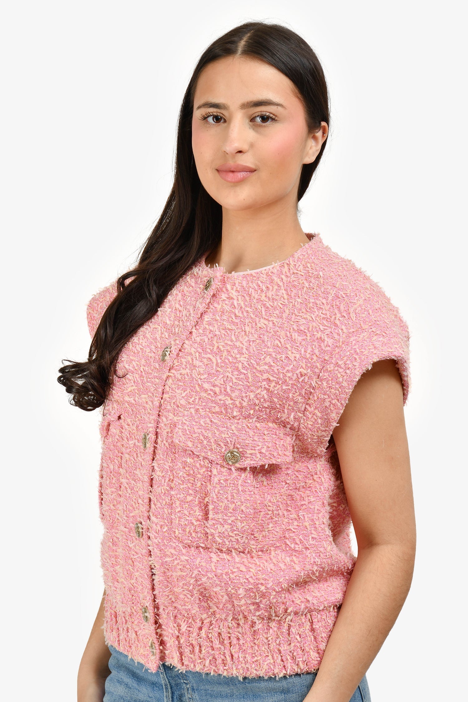 Chanel™ Short Sleeve Runway 2021 Pink Fantasy Tweed Vest Size 38