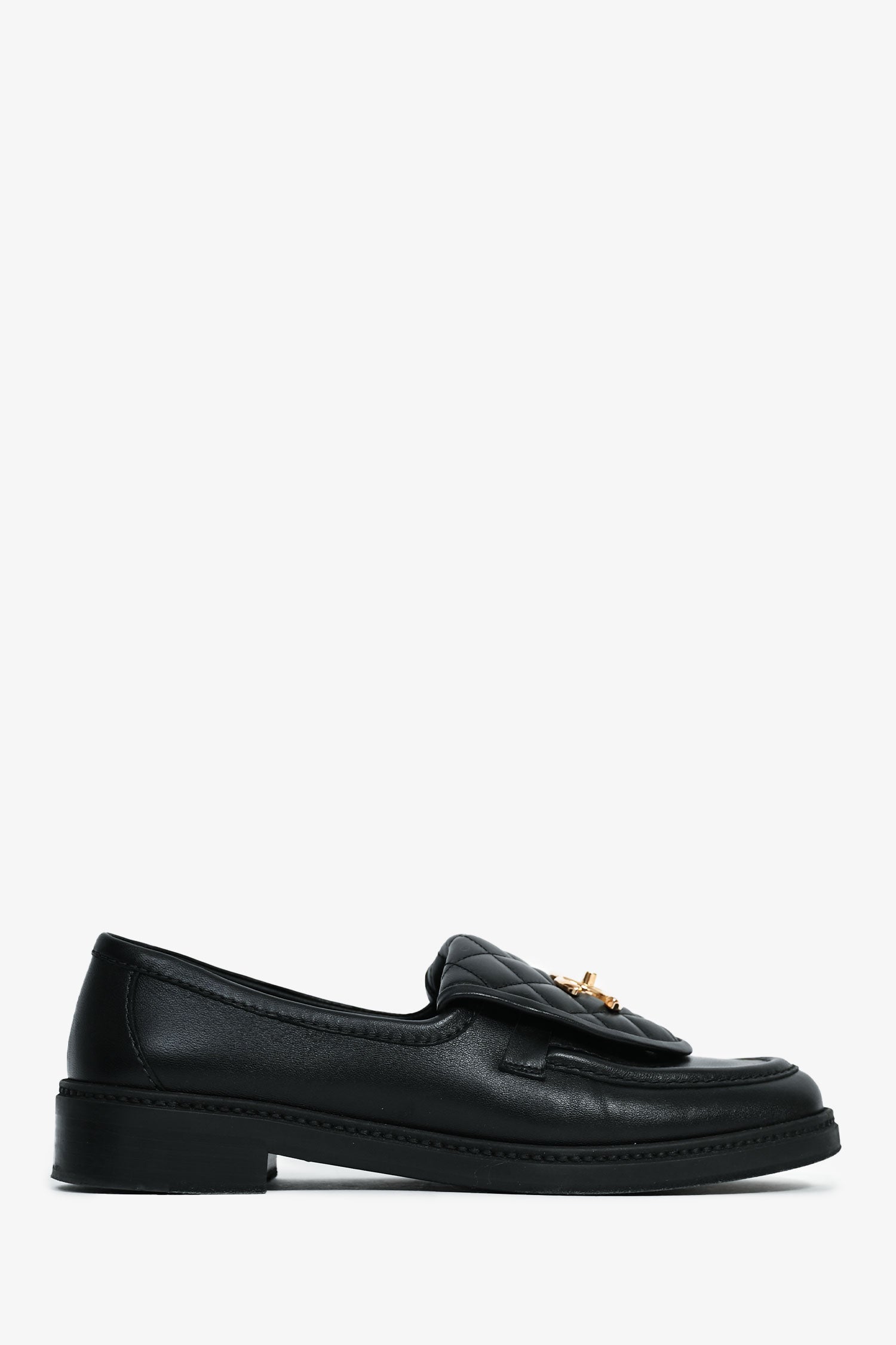 Chanel™ Black Quilted Leather Tab CC Turnlock Loafers Size 39