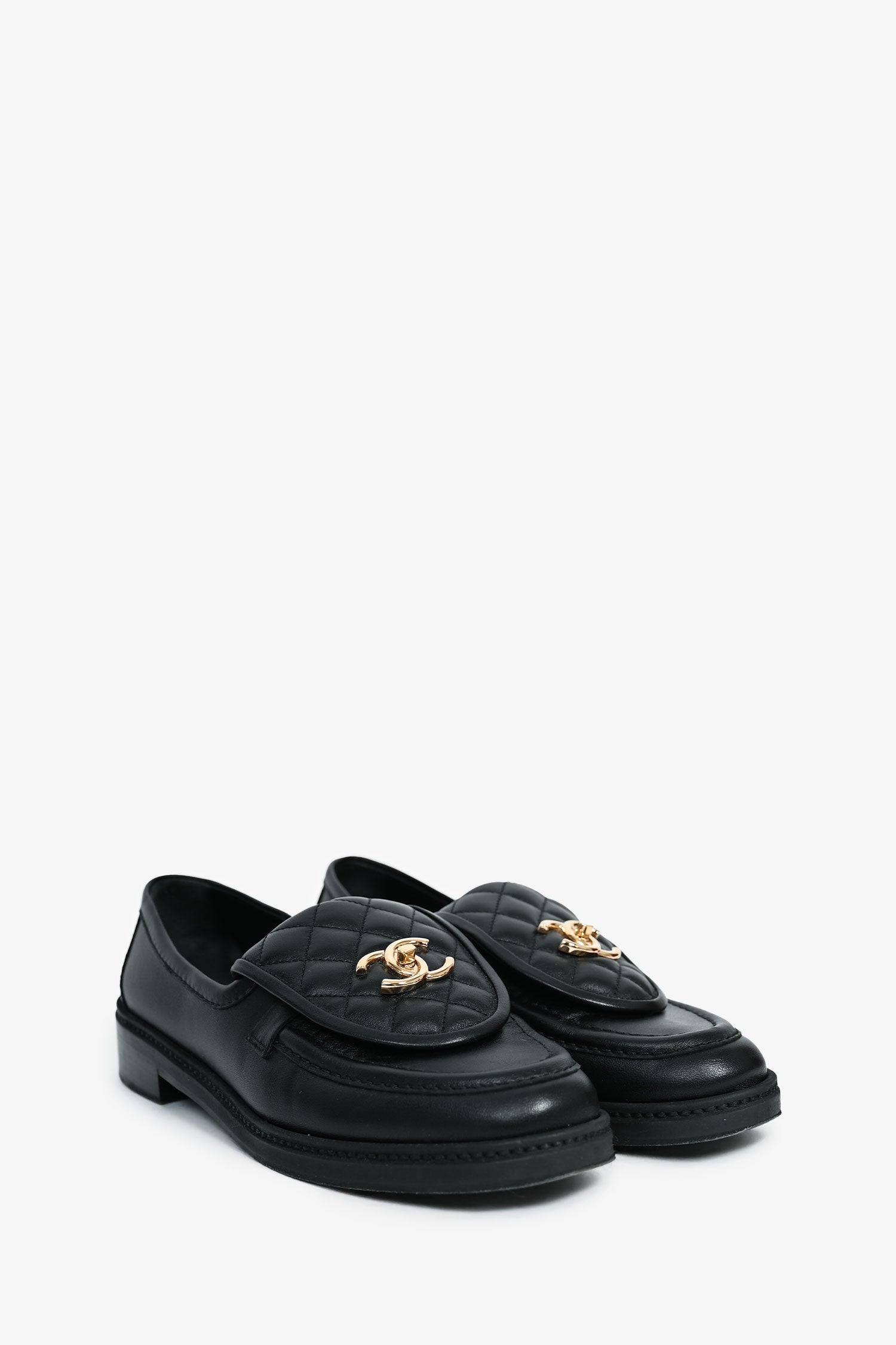 Chanel™ Black Quilted Leather Tab CC Turnlock Loafers Size 39