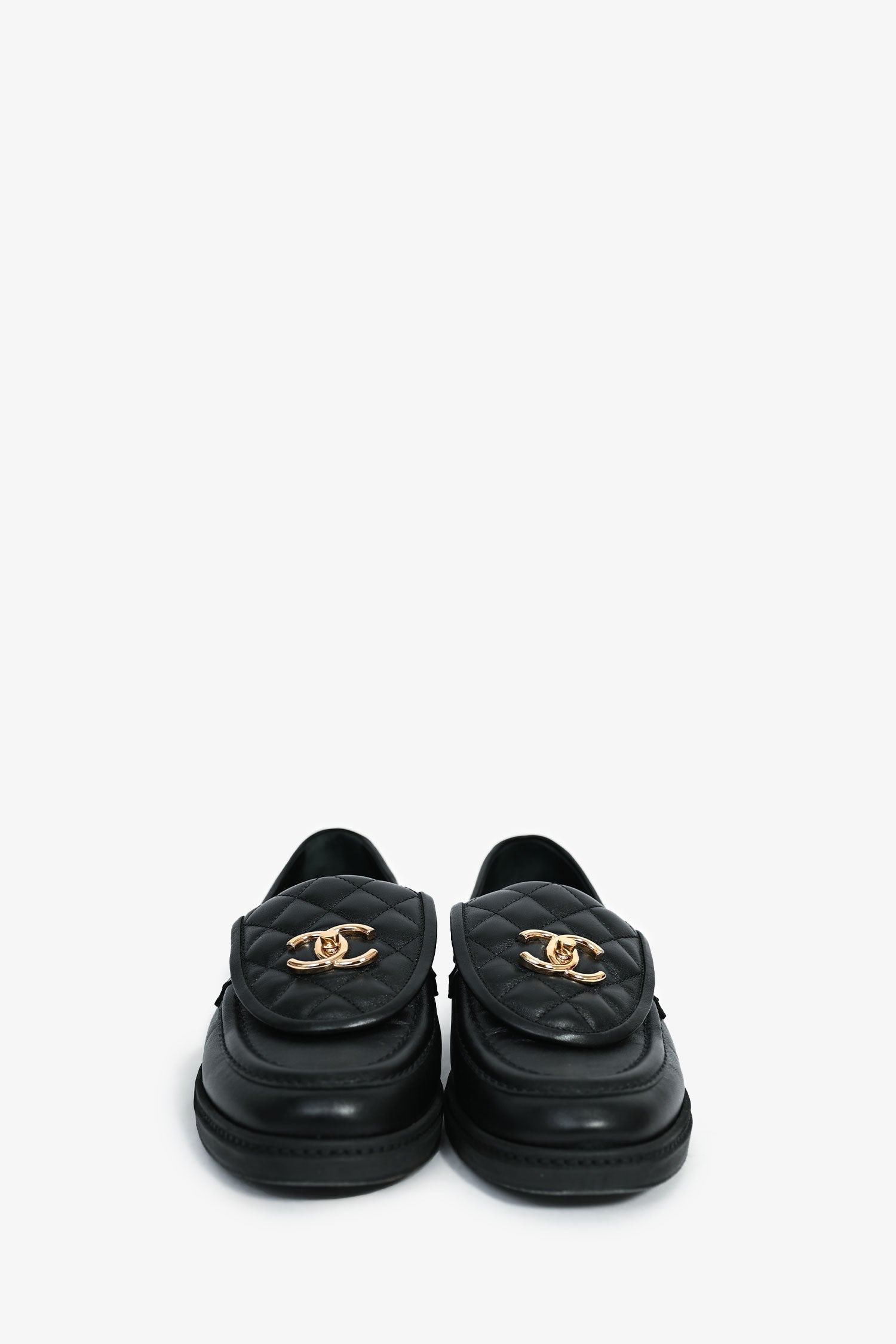 Chanel™ Black Quilted Leather Tab CC Turnlock Loafers Size 39
