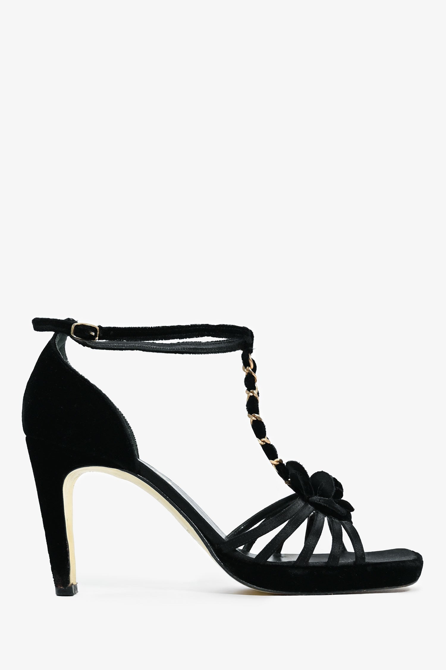 Chanel™ Black Velvet Chain Link Camellia Heels Size 38