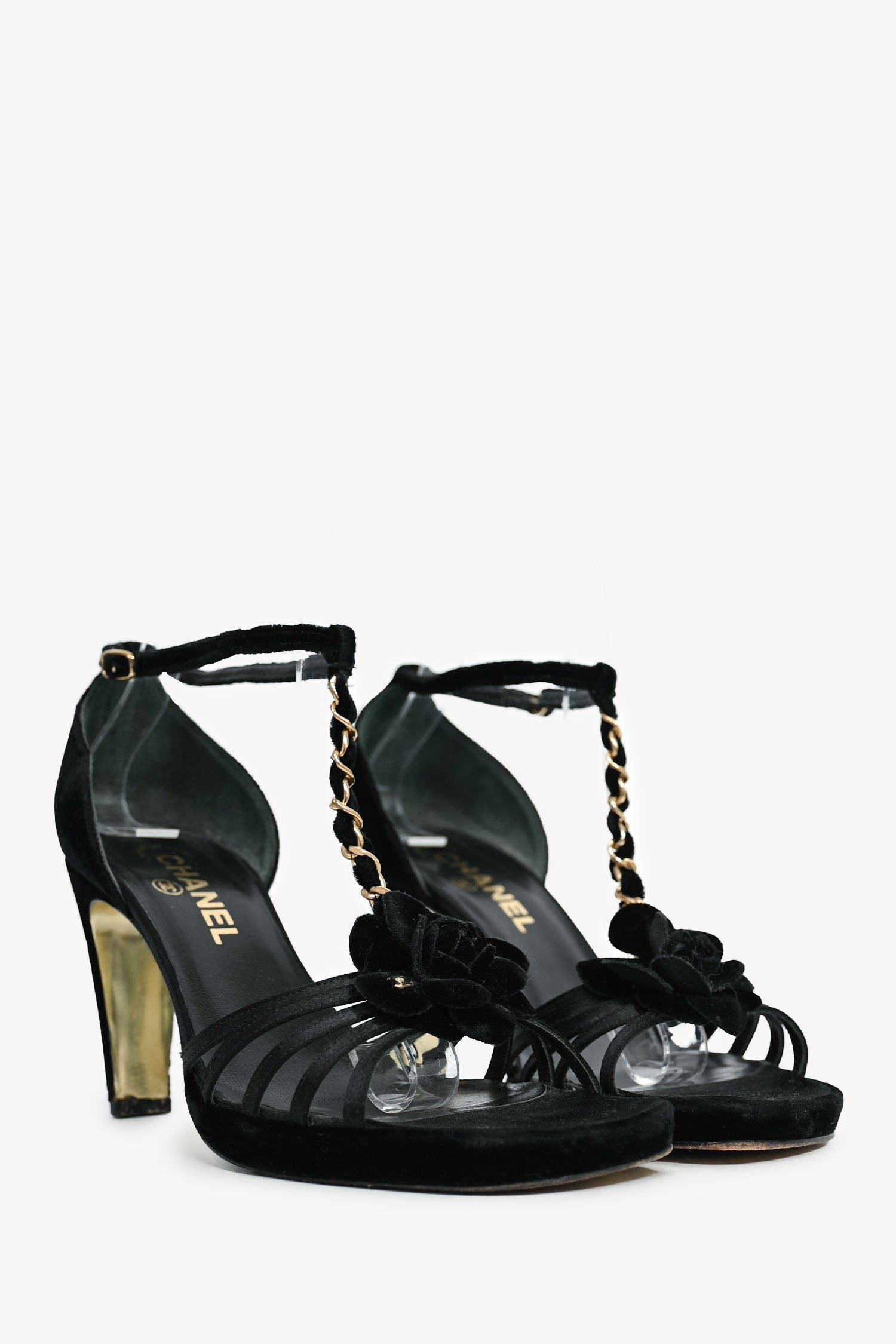 Chanel™ Black Velvet Chain Link Camellia Heels Size 38