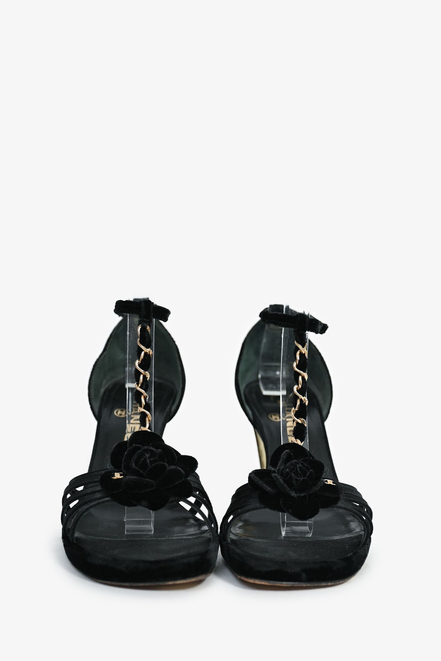 Chanel™ Black Velvet Chain Link Camellia Heels Size 38