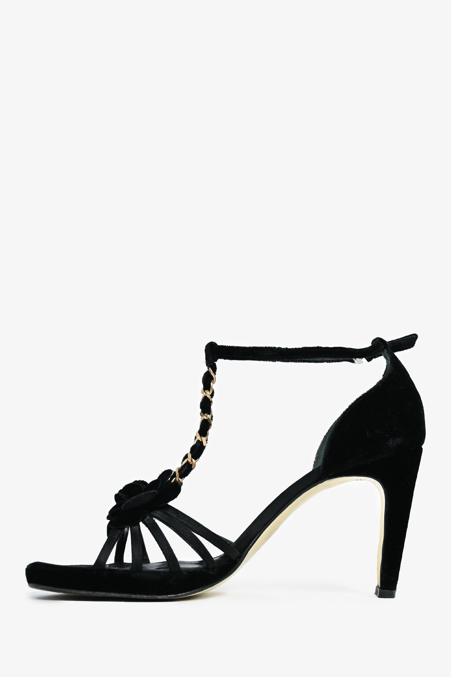 Chanel™ Black Velvet Chain Link Camellia Heels Size 38