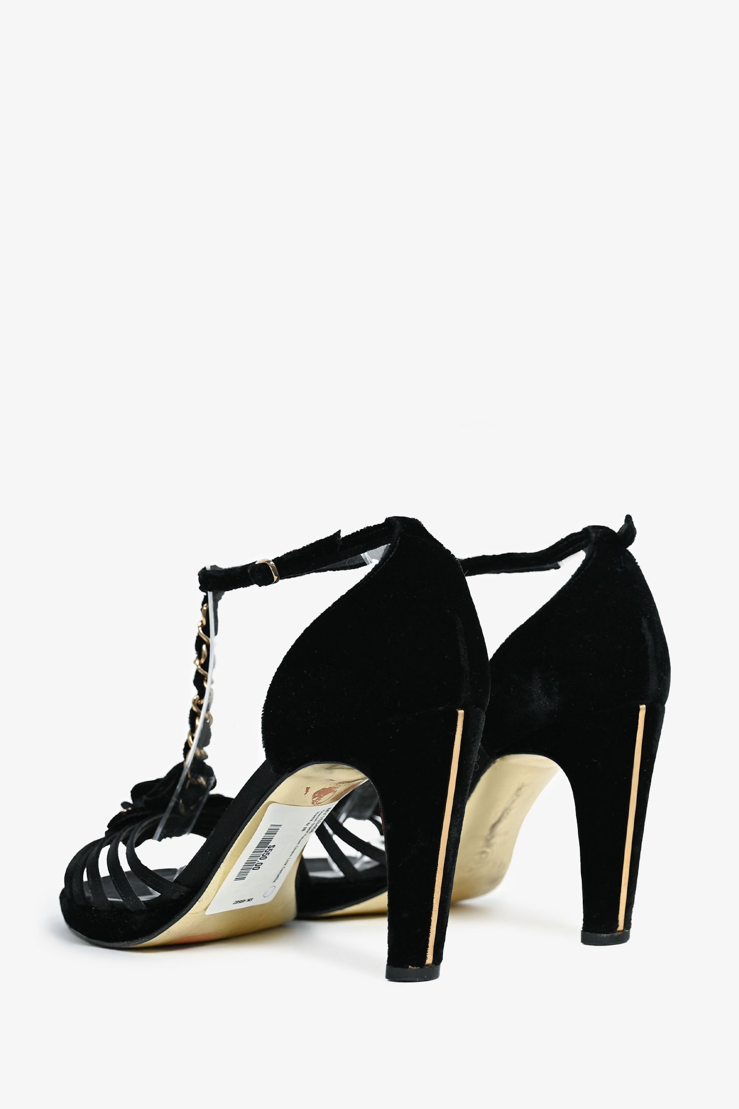Chanel™ Black Velvet Chain Link Camellia Heels Size 38