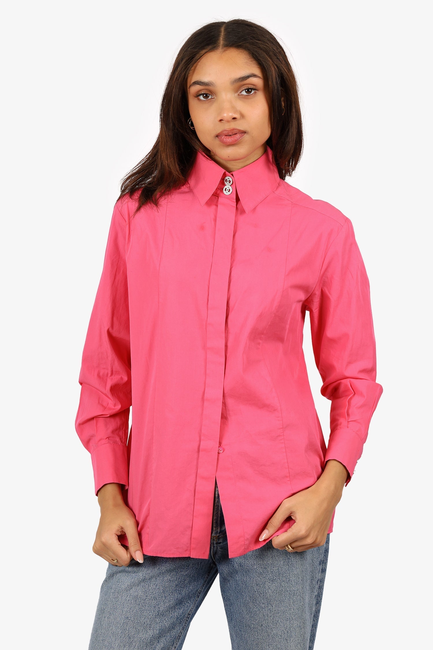 Chanel™ 21C Pink CC Crystal Button Long Sleeve Shirt Size 36