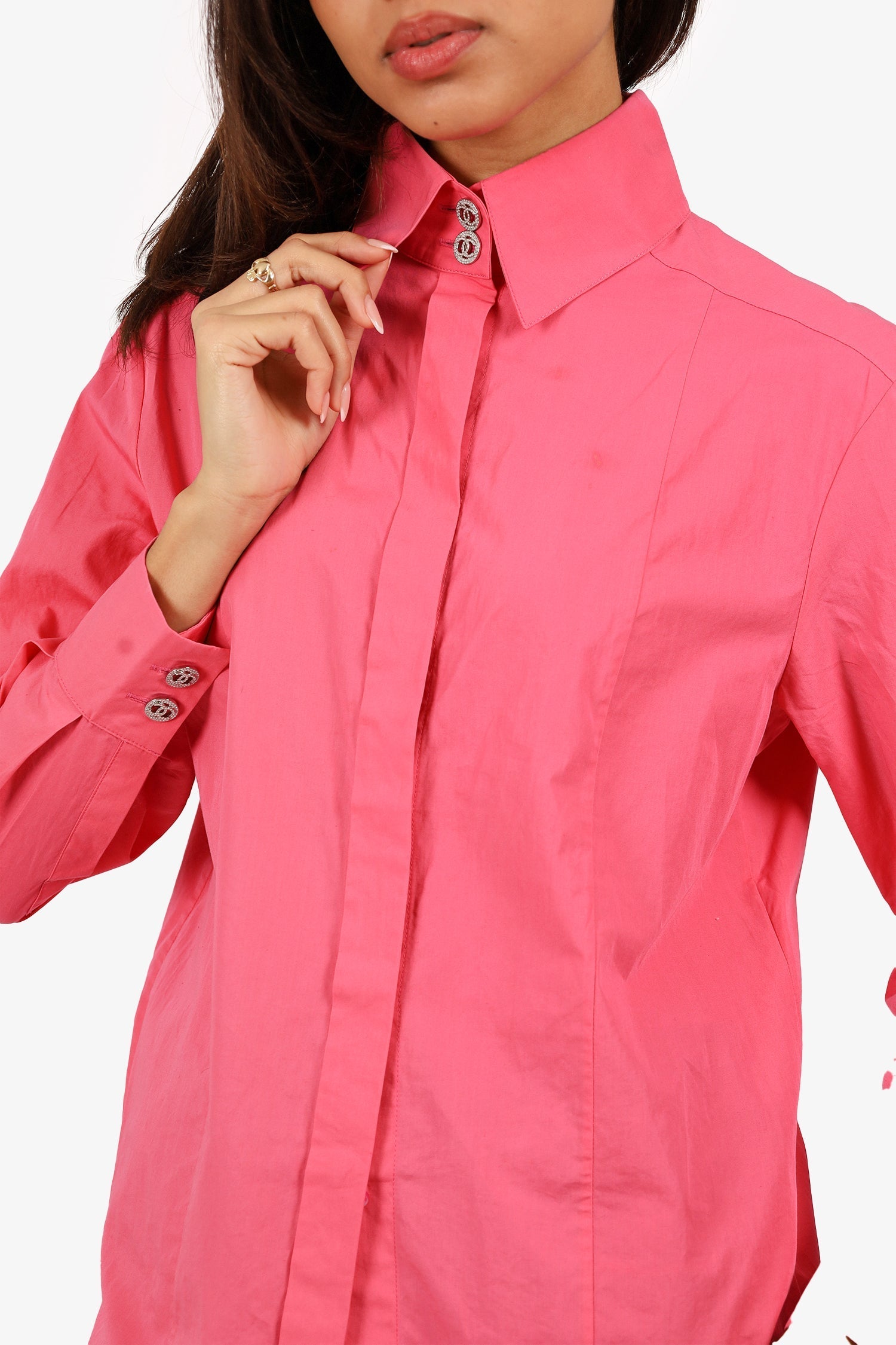 Chanel™ 21C Pink CC Crystal Button Long Sleeve Shirt Size 36