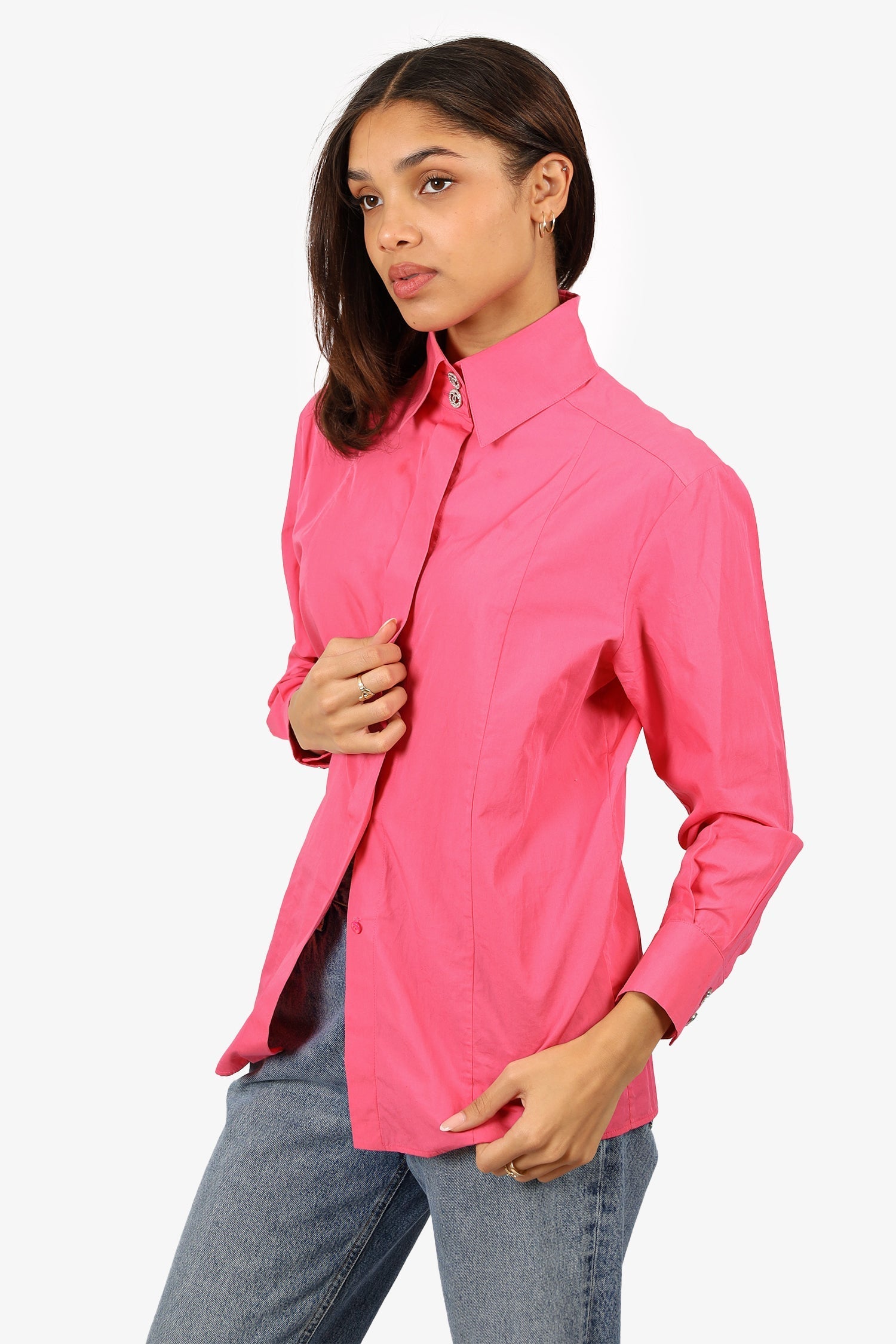 Chanel™ 21C Pink CC Crystal Button Long Sleeve Shirt Size 36