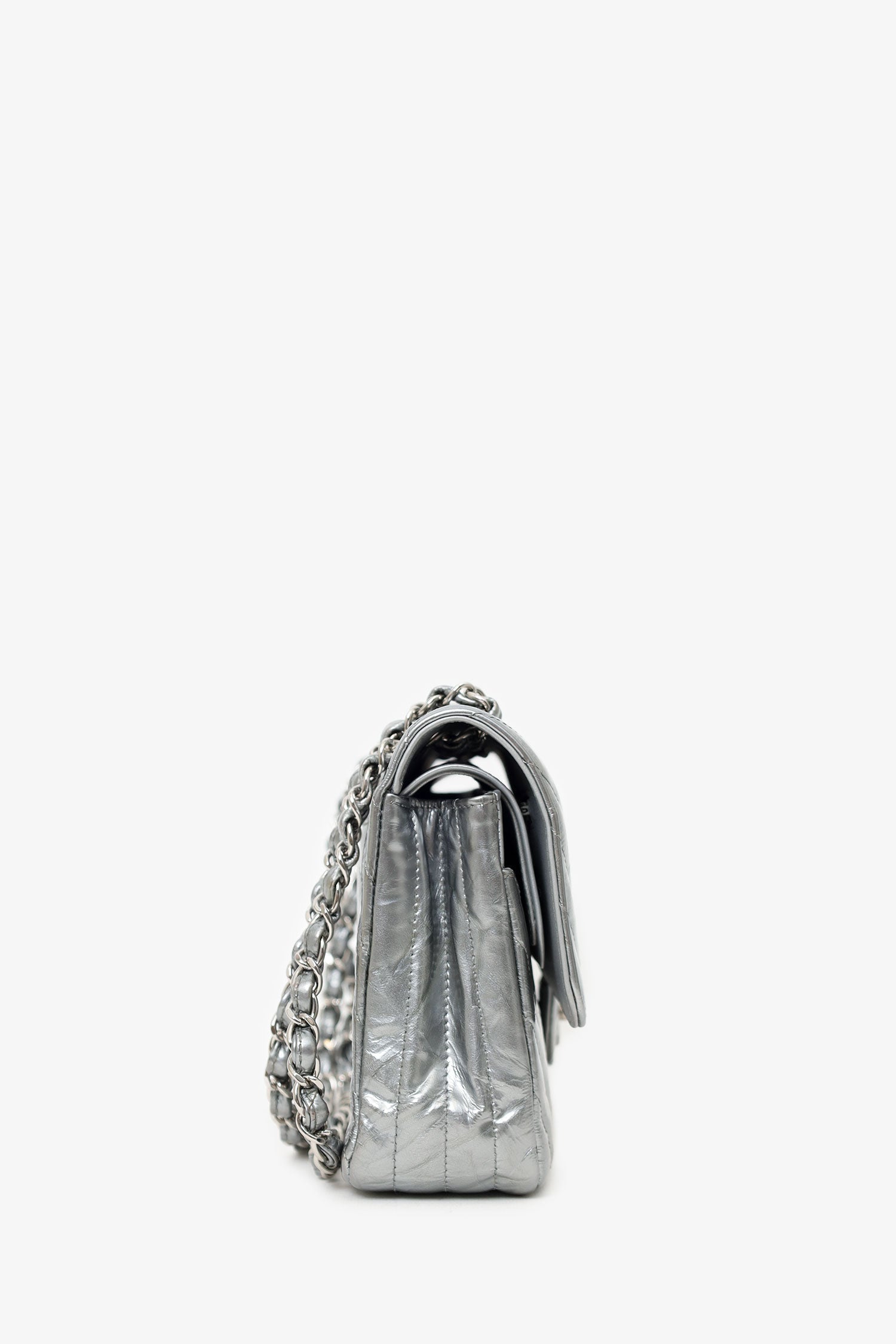 Chanel™ 2018 Silver Metallic Patent Crumpled Calfskin Chevron Quilted Medium Double Flap