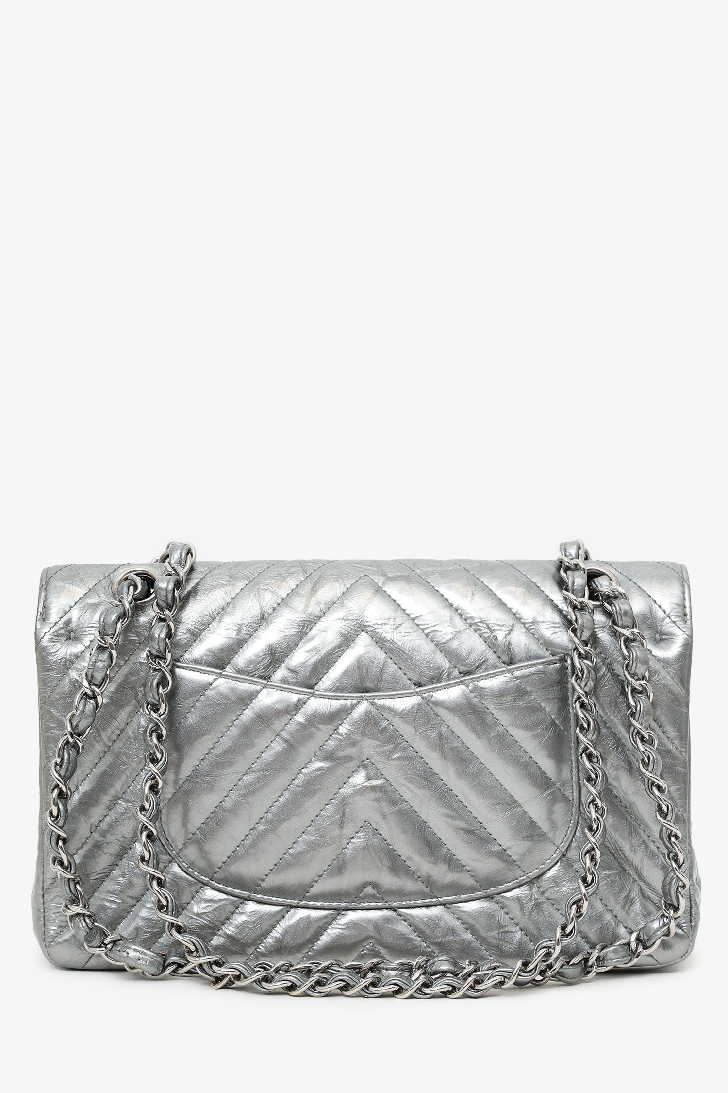 Chanel™ 2018 Silver Metallic Patent Crumpled Calfskin Chevron Quilted Medium Double Flap