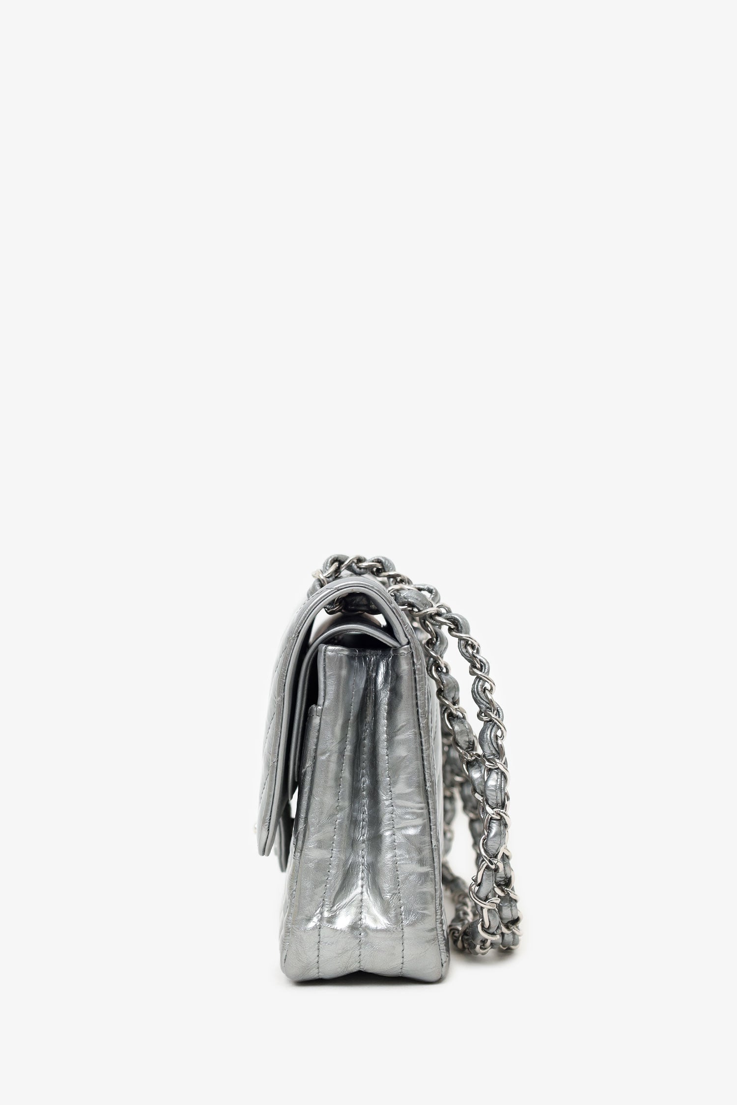 Chanel™ 2018 Silver Metallic Patent Crumpled Calfskin Chevron Quilted Medium Double Flap