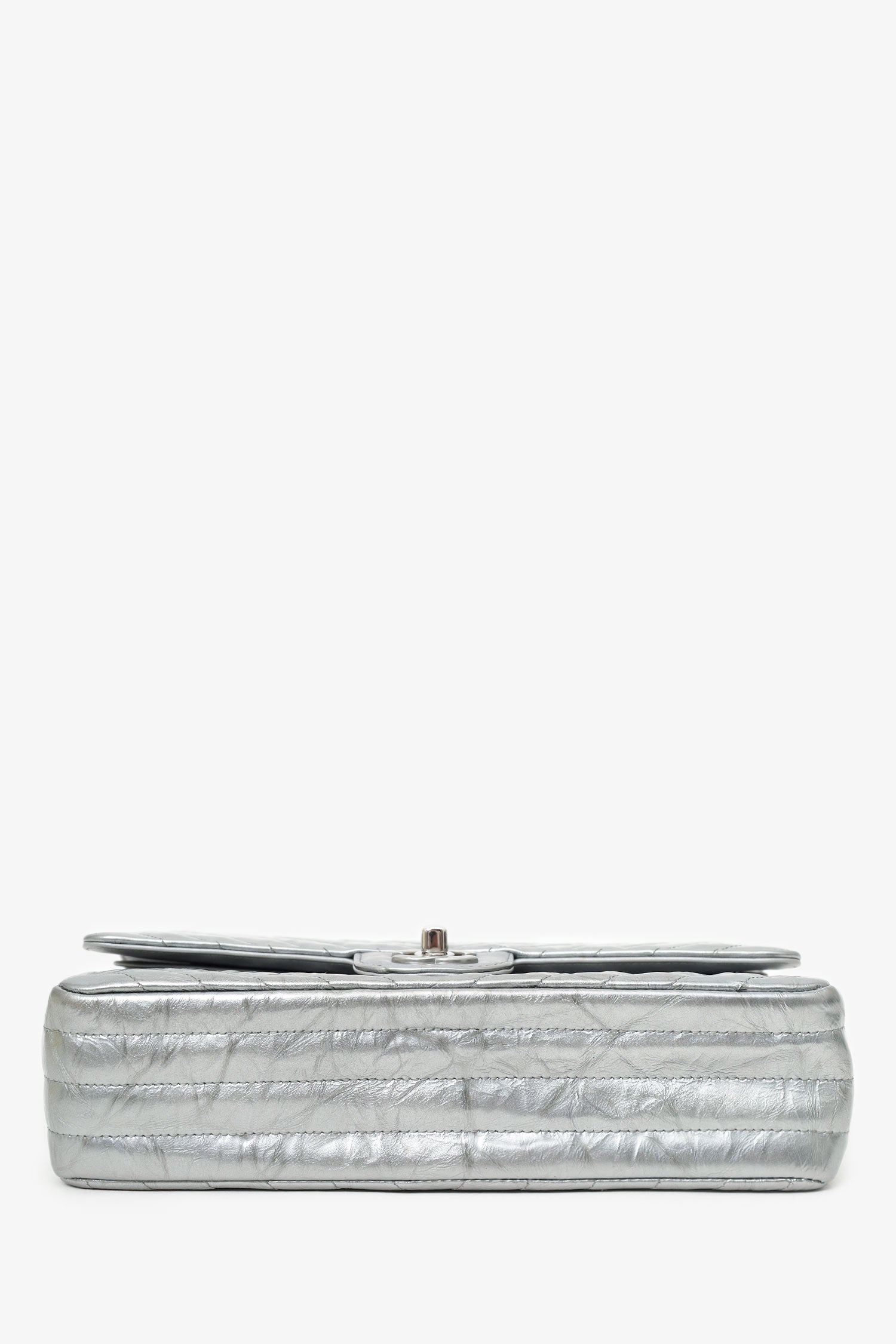 Chanel™ 2018 Silver Metallic Patent Crumpled Calfskin Chevron Quilted Medium Double Flap