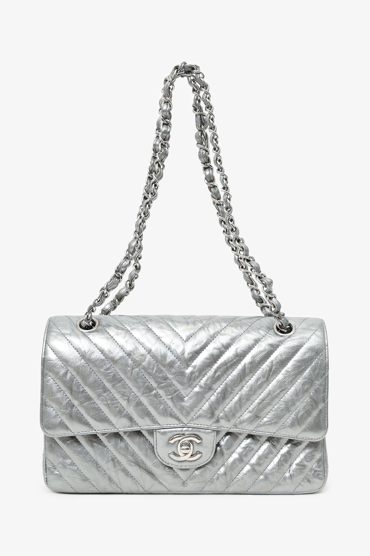 Chanel™ 2018 Silver Metallic Patent Crumpled Calfskin Chevron Quilted Medium Double Flap