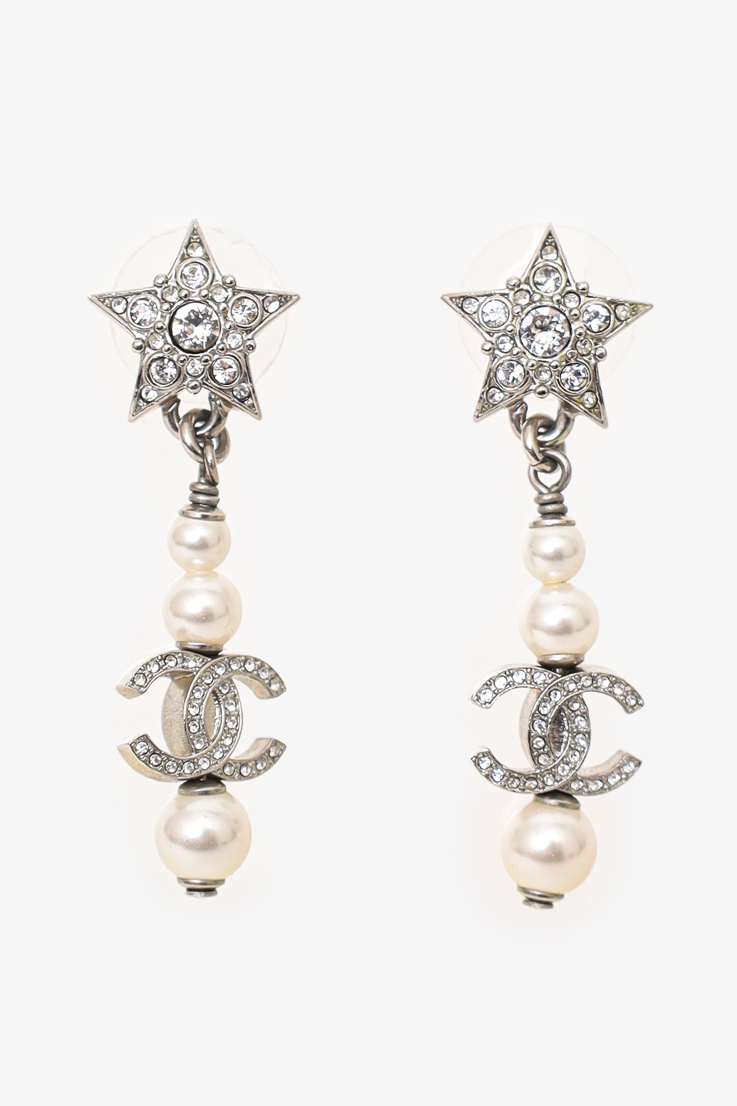 Chanel™ 2020 Silver Tone Faux Pearl & Strass CC Star Drop Earrings