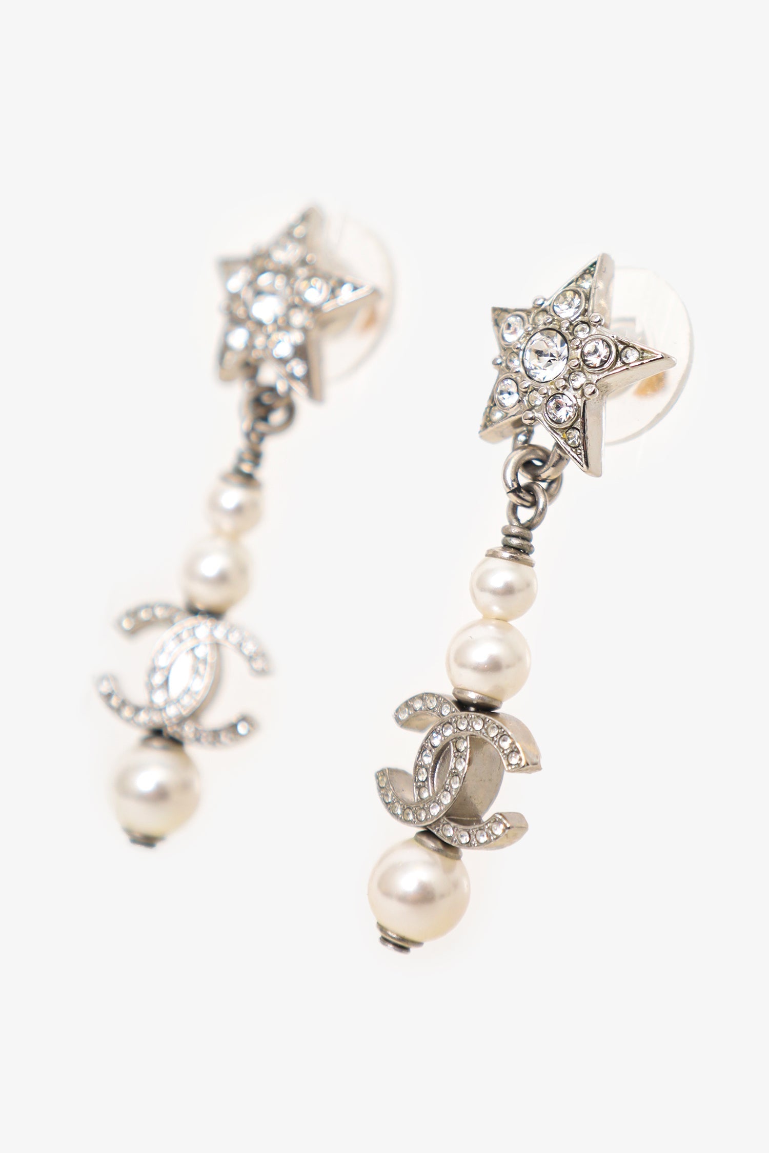 Chanel™ 2020 Silver Tone Faux Pearl & Strass CC Star Drop Earrings