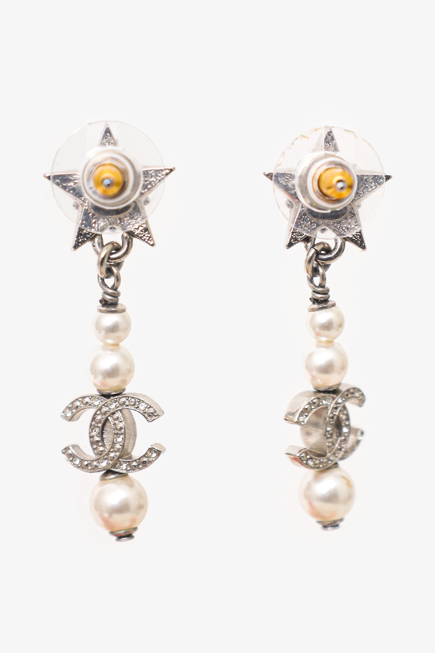 Chanel™ 2020 Silver Tone Faux Pearl & Strass CC Star Drop Earrings