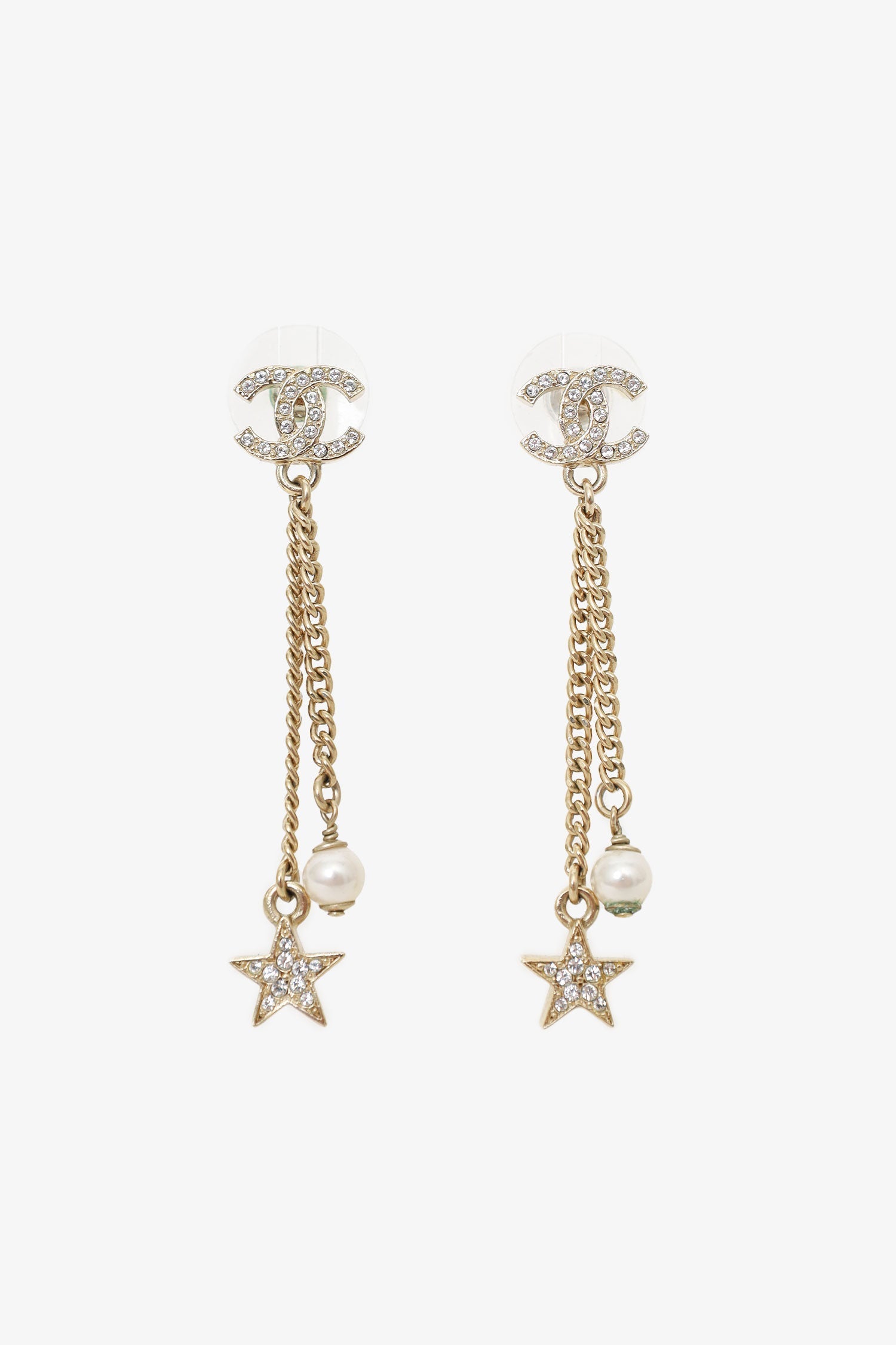 Chanel™ 2023 Gold Tone Faux Pearl & Strass Star Drop Earrings