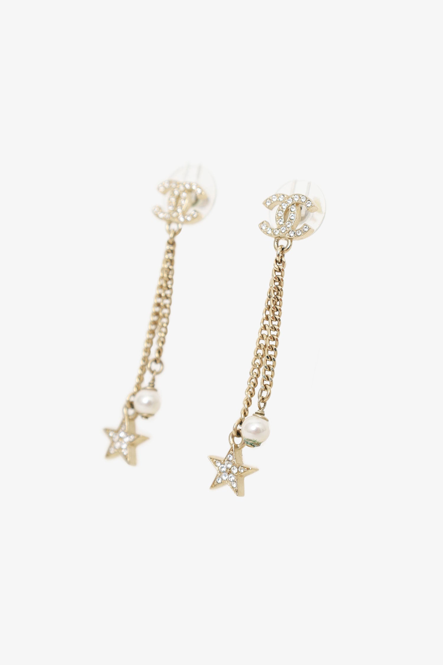 Chanel™ 2023 Gold Tone Faux Pearl & Strass Star Drop Earrings