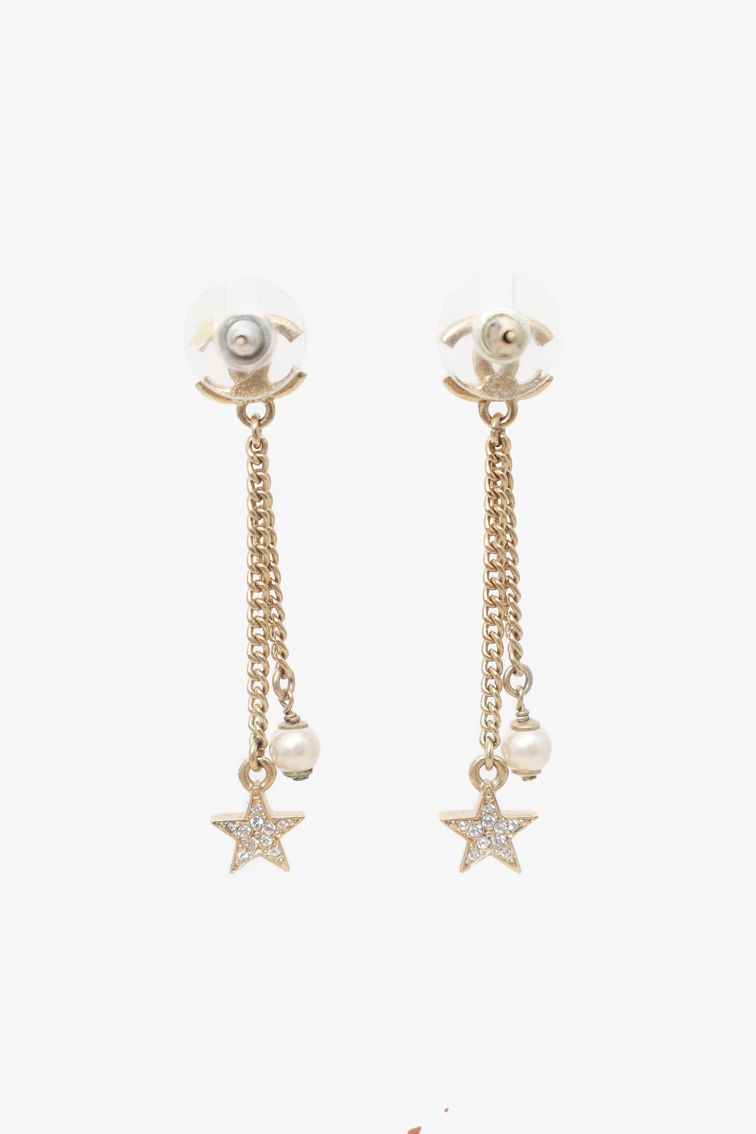Chanel™ 2023 Gold Tone Faux Pearl & Strass Star Drop Earrings