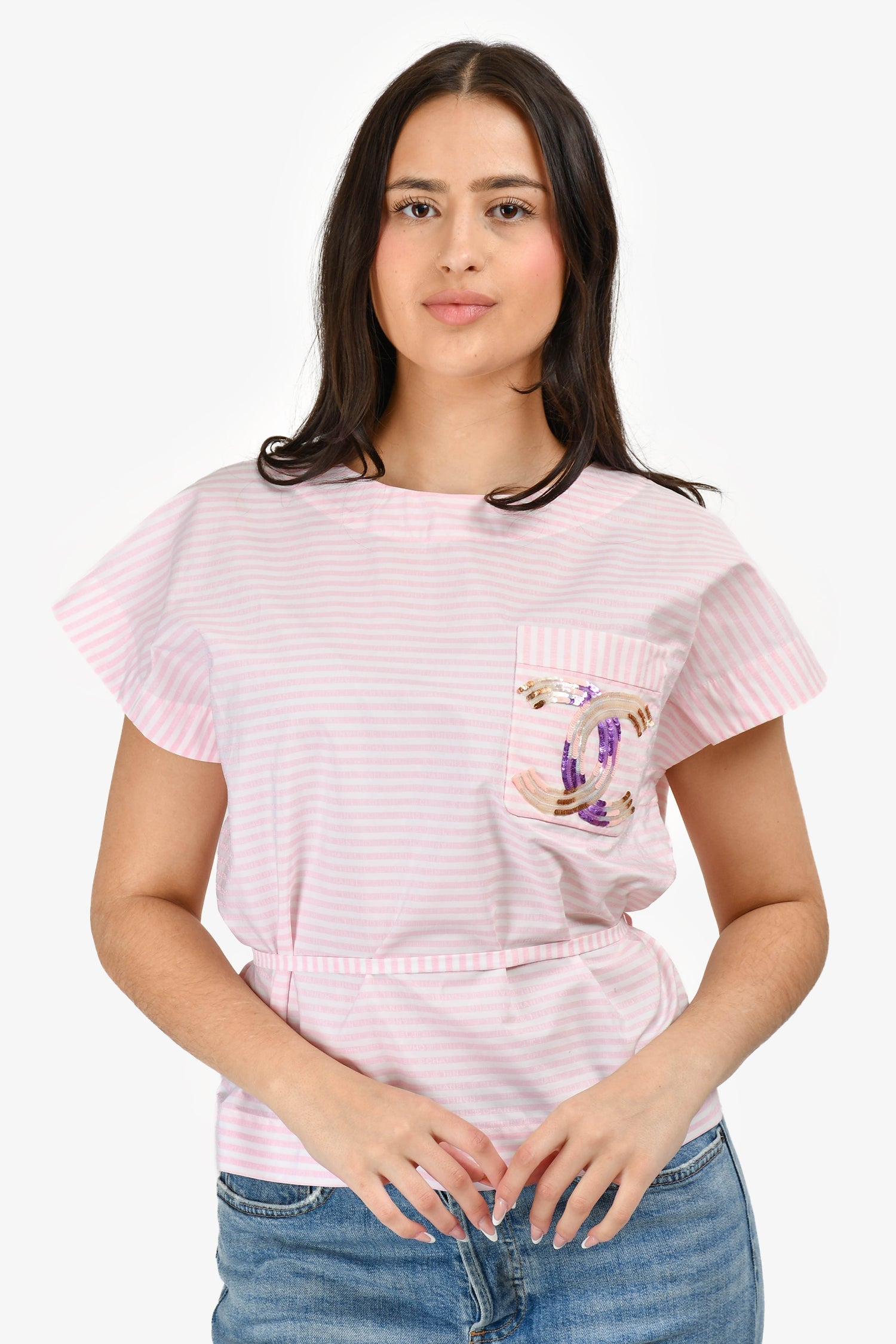 Chanel™ 2024 Pink/White Striped Sequin Logo Short Sleeve Top Size 40