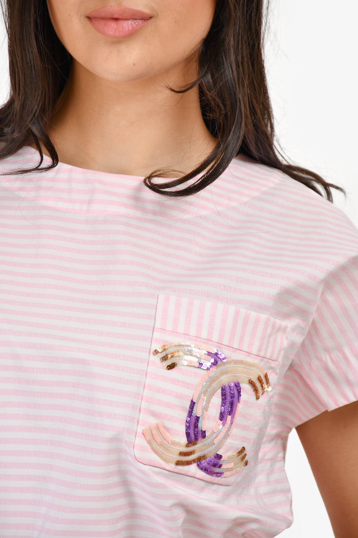 Chanel™ 2024 Pink/White Striped Sequin Logo Short Sleeve Top Size 40