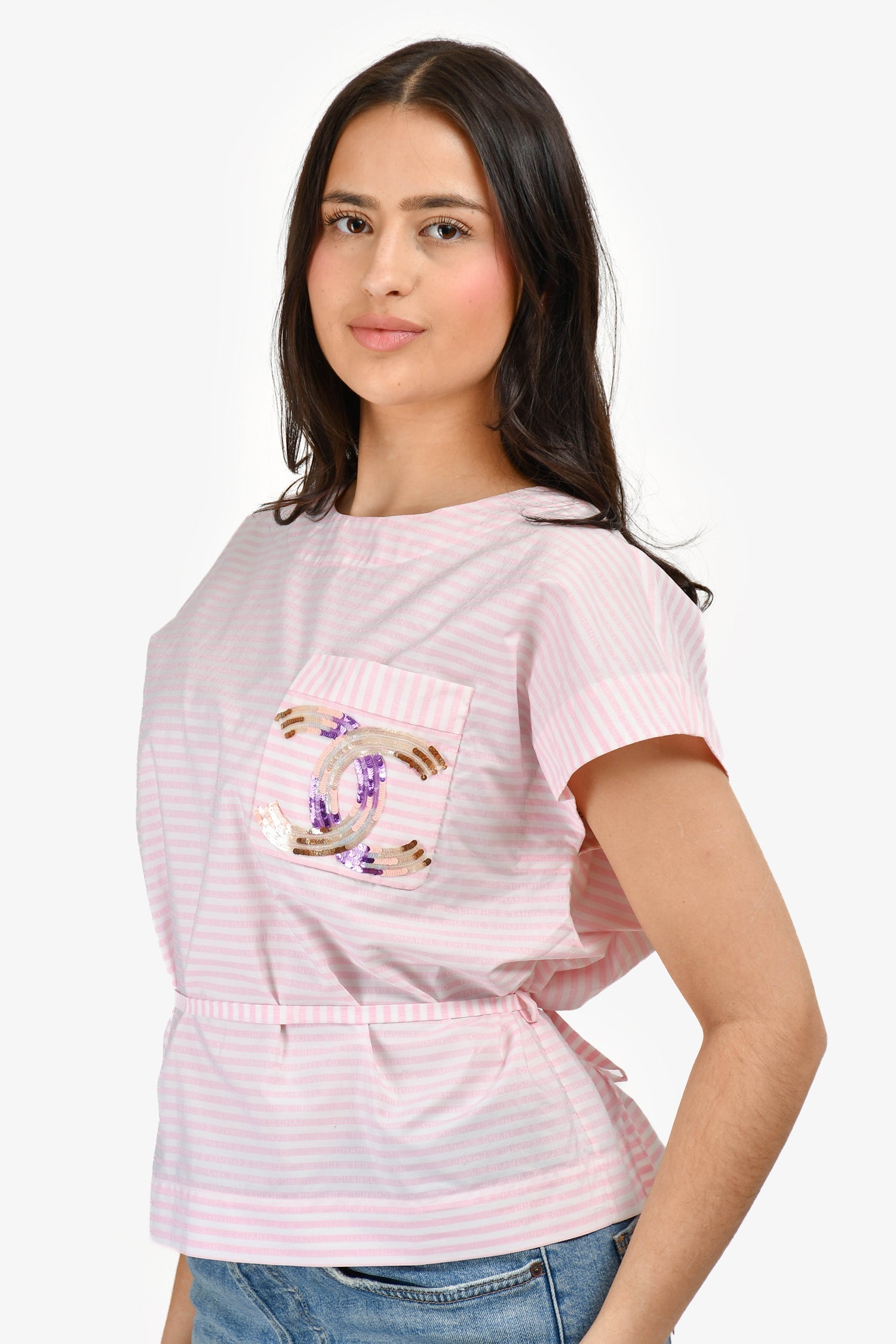 Chanel™ 2024 Pink/White Striped Sequin Logo Short Sleeve Top Size 40