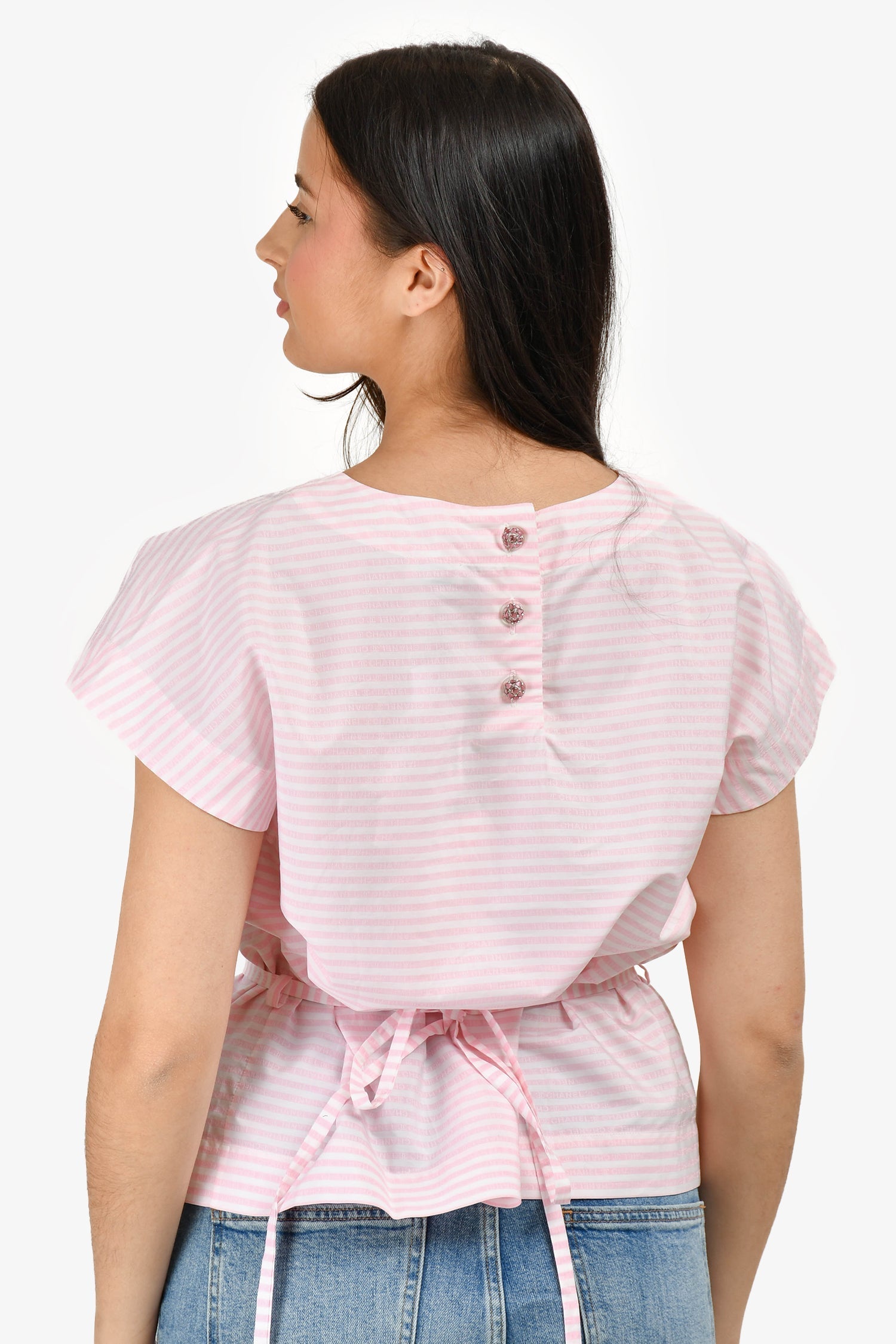 Chanel™ 2024 Pink/White Striped Sequin Logo Short Sleeve Top Size 40